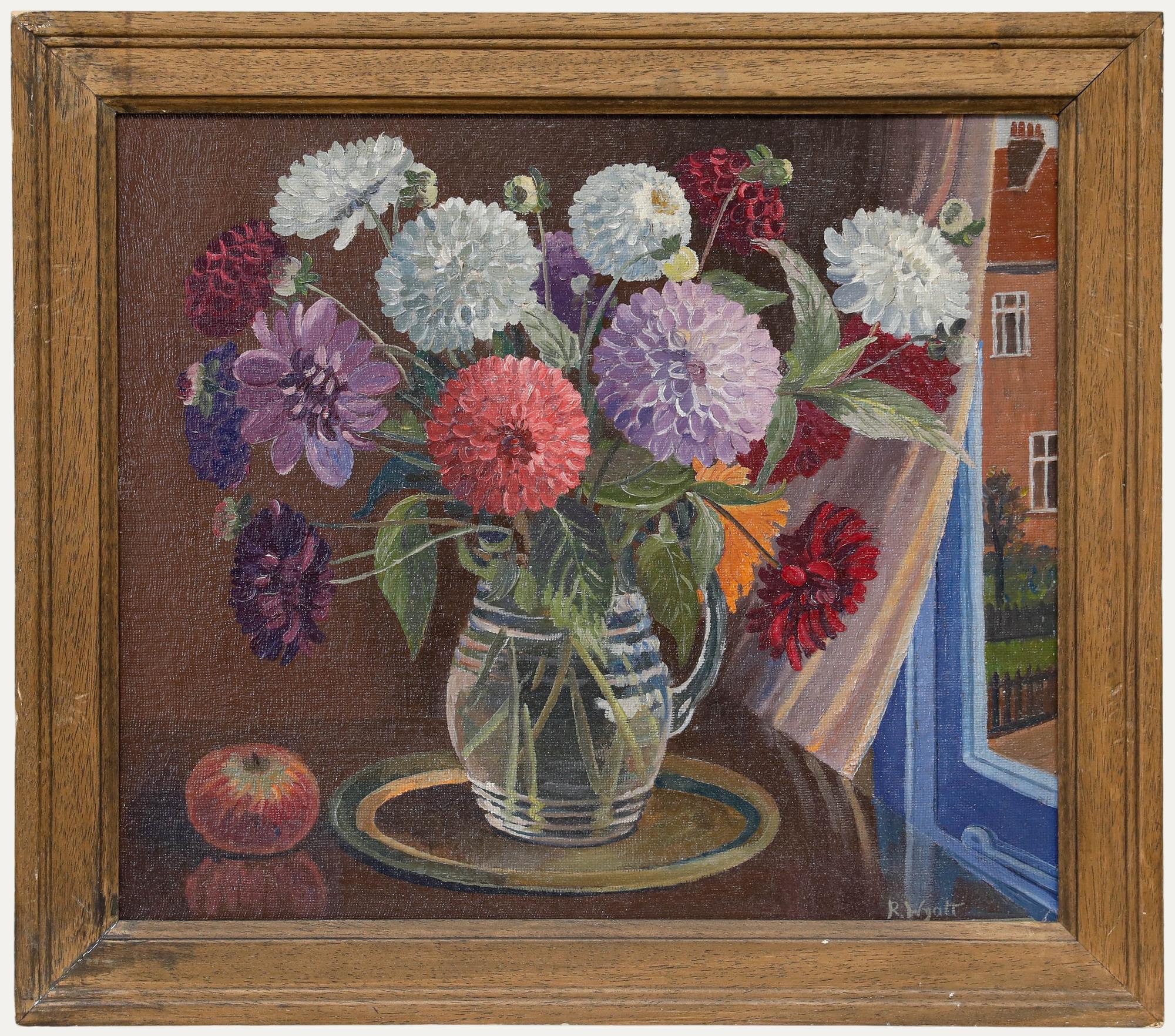 Unknown Still-Life Painting - R. Wyatt  - 20th Century Oil, Dahlias by the Window