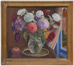 R. Wyatt  - 20th Century Oil, Dahlias by the Window