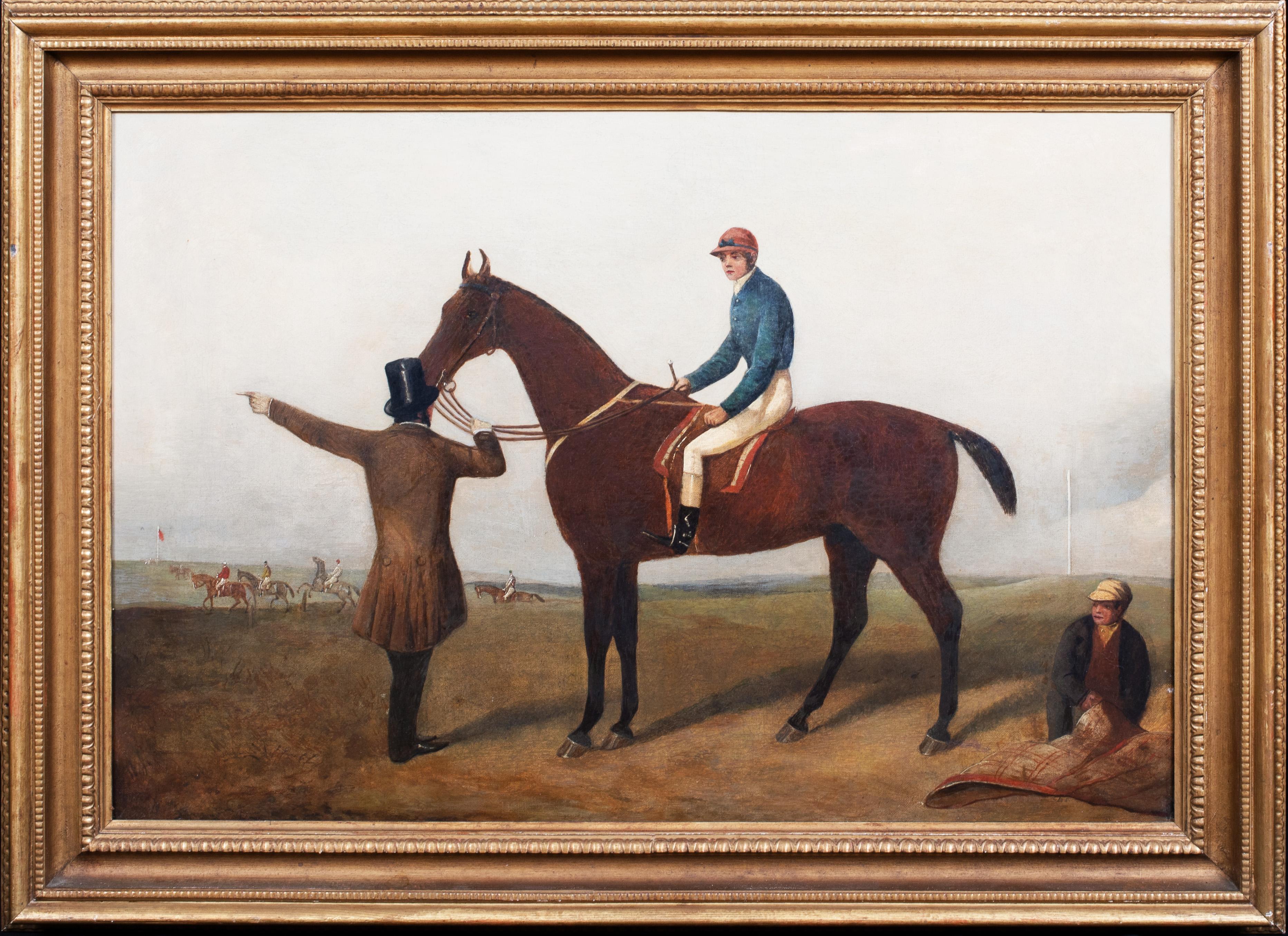 Racehorse, Jockey, Trainer and Groom, 19th Century - Painting by Unknown