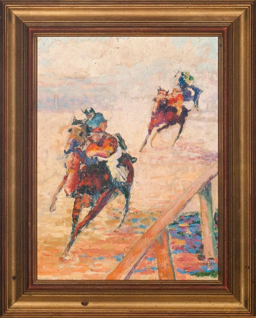 Figurative Painting di Unknown - Cavalli da corsa che si dirigono verso casa' circa 1940 Olio su tela