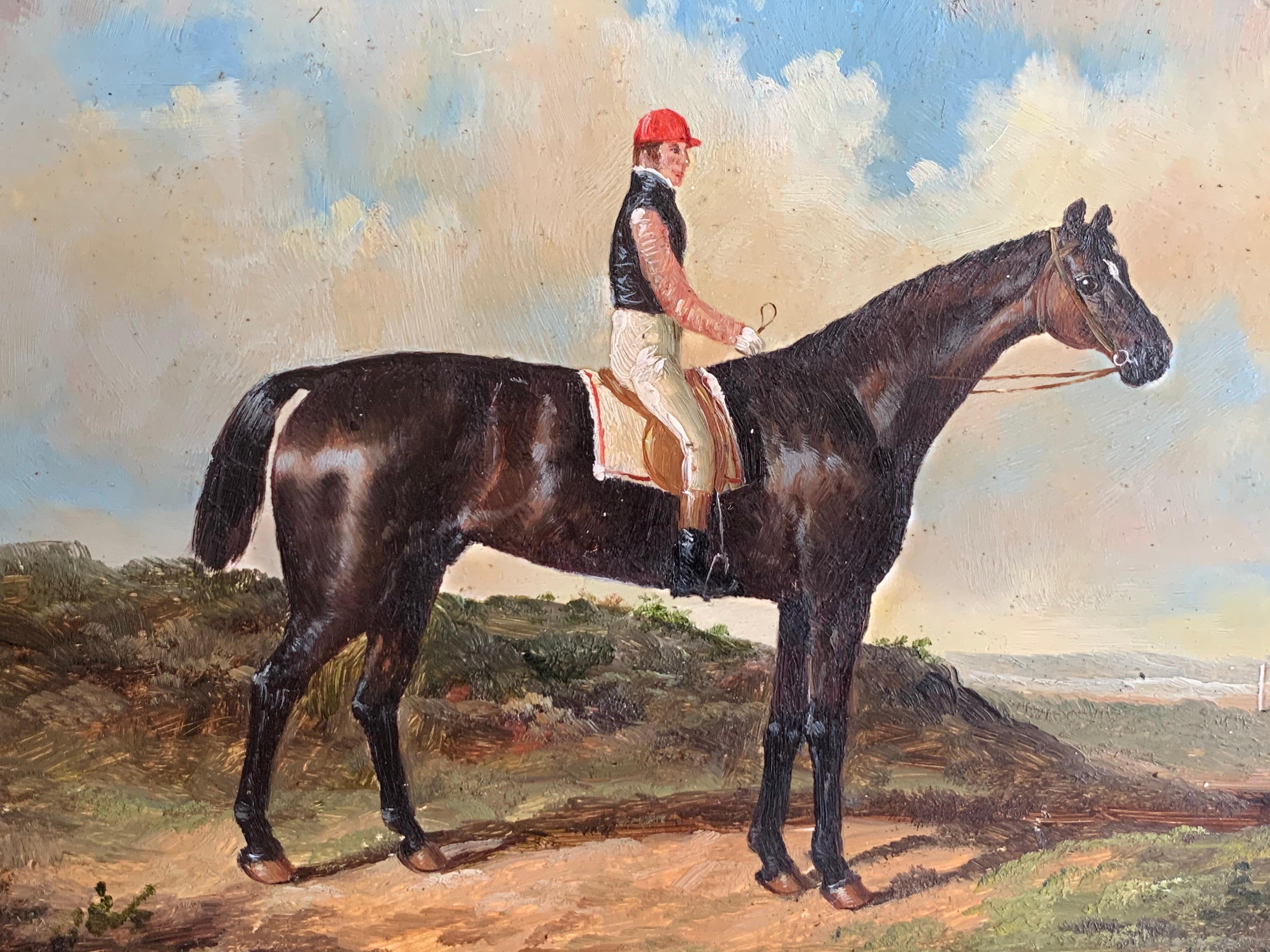Racehorses with Jockeys Up - Pair of English Classic Racehorse Oil Paintings - Brown Landscape Painting by Unknown