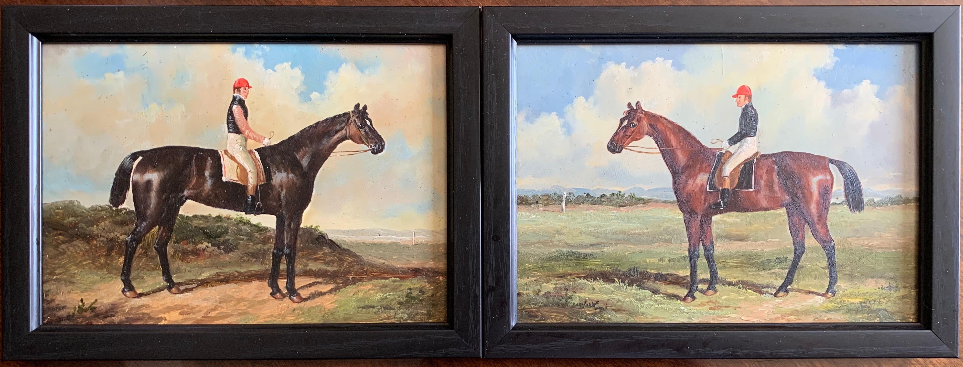 Unknown Landscape Painting - Racehorses with Jockeys Up - Pair of English Classic Racehorse Oil Paintings