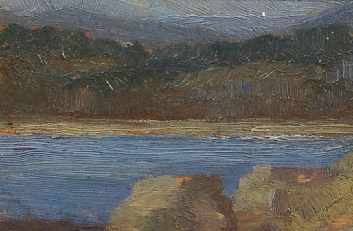 The Rade de Toulon (Toulon Harbor) is a Mediterranean port in France famous for it's beauty. This small impressionistic study captures a quiet moment in a less developed corner of the natural harbor where beach and forest meet. 

Painting itself is