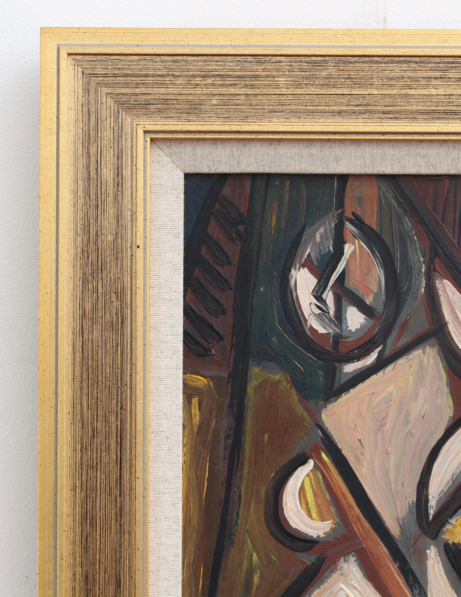 'Radiant Muse: Inspired Cubist Portrait', oil on board, the German School (circa 1970s). A very alluring painting with warm earth tone hues both vibrant and muted. Clearly inspired by cubists Picasso and Braque, the artist uses angles, lines and