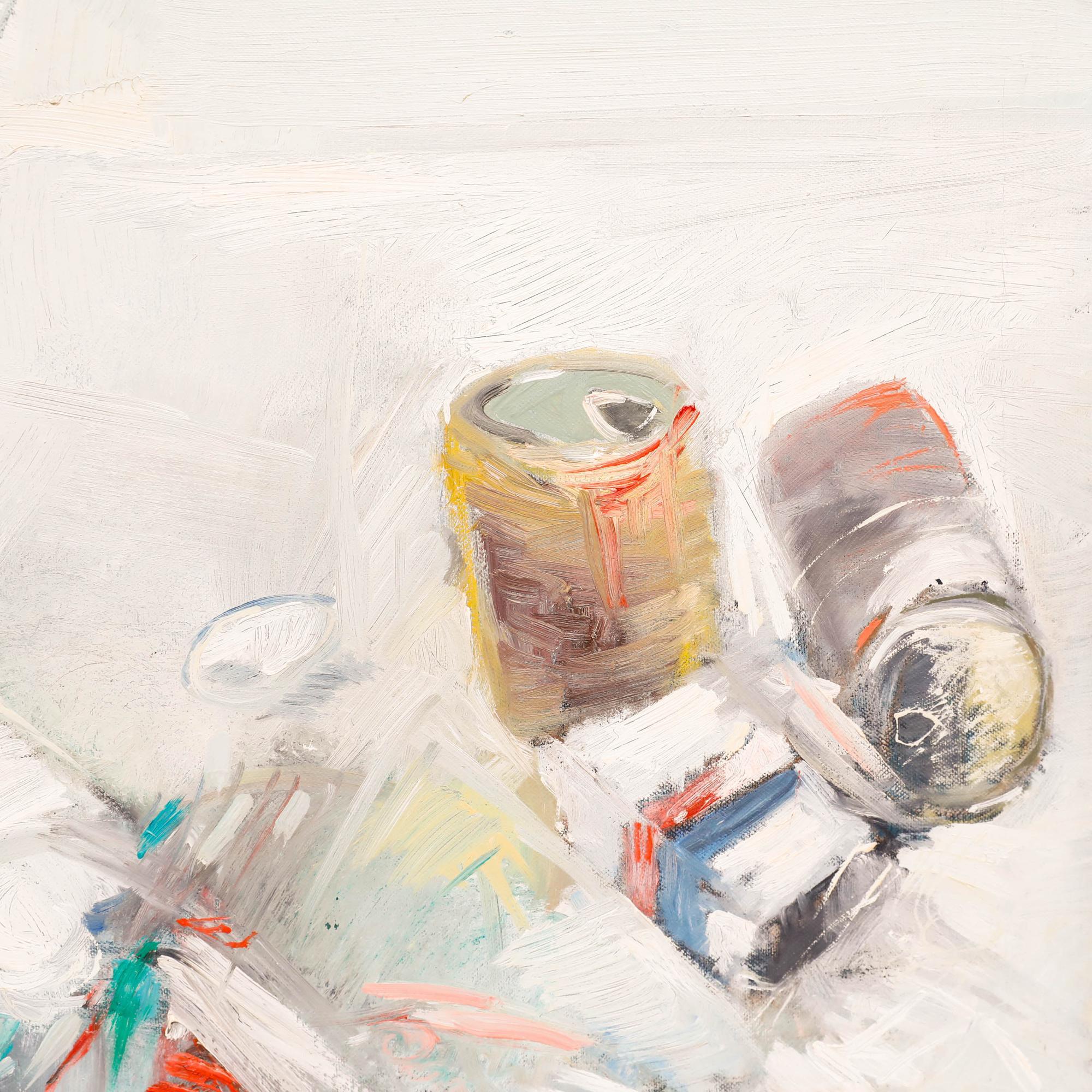 This contemporary still life painting features a carefully arranged collection of art supplies and cans rendered in muted tones against a soft, neutral background. The artist employs loose, expressive brushwork and a subtle colour palette of greys,