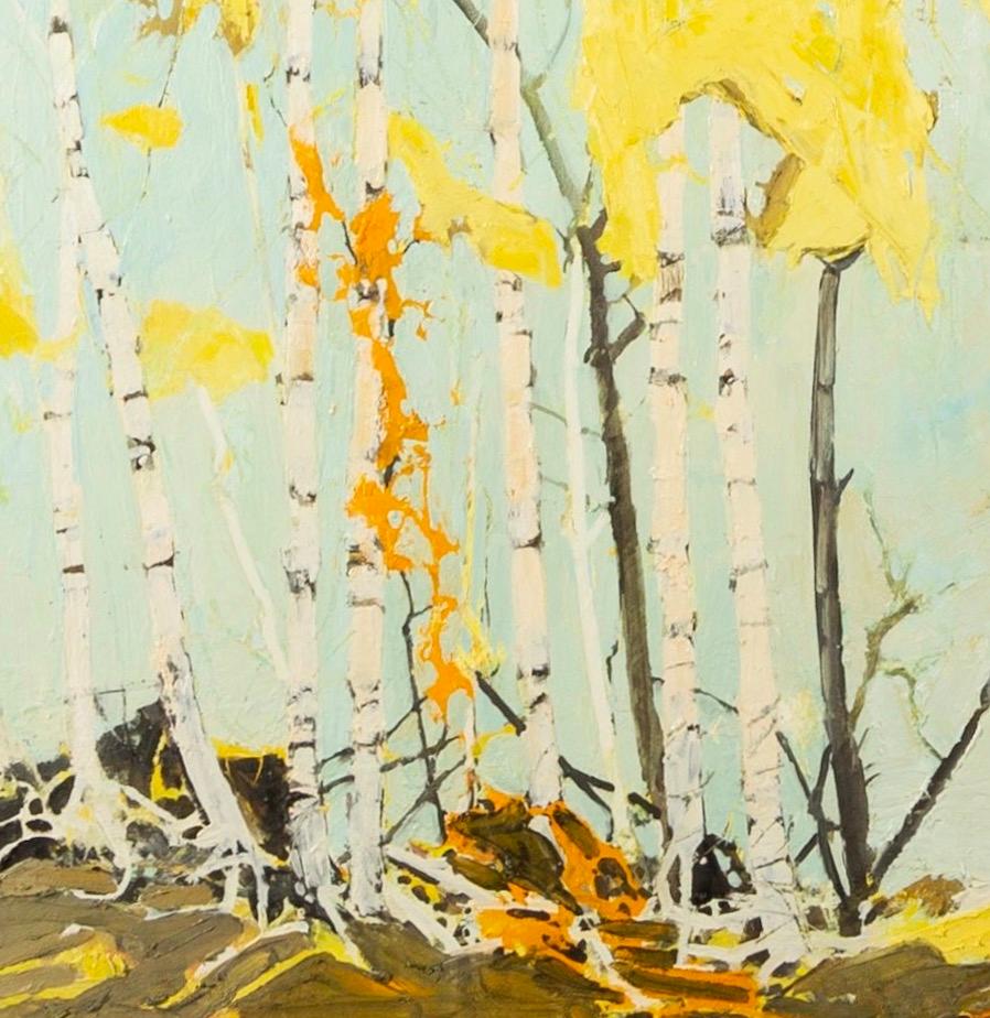 Paseo por el abedul dorado, Óleo sobre tabla Pintura amarilla de Ffiona Lewis, 2019 en venta 1