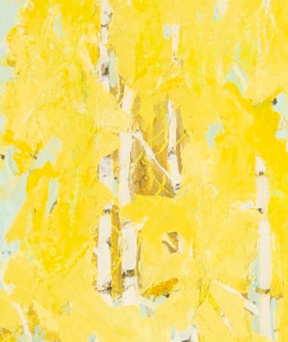 Paseo por el abedul dorado, Óleo sobre tabla Pintura amarilla de Ffiona Lewis, 2019 en venta 2