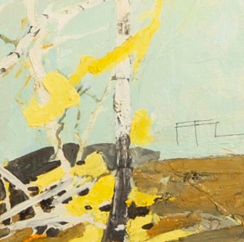 Paseo por el abedul dorado, Óleo sobre tabla Pintura amarilla de Ffiona Lewis, 2019 en venta 3