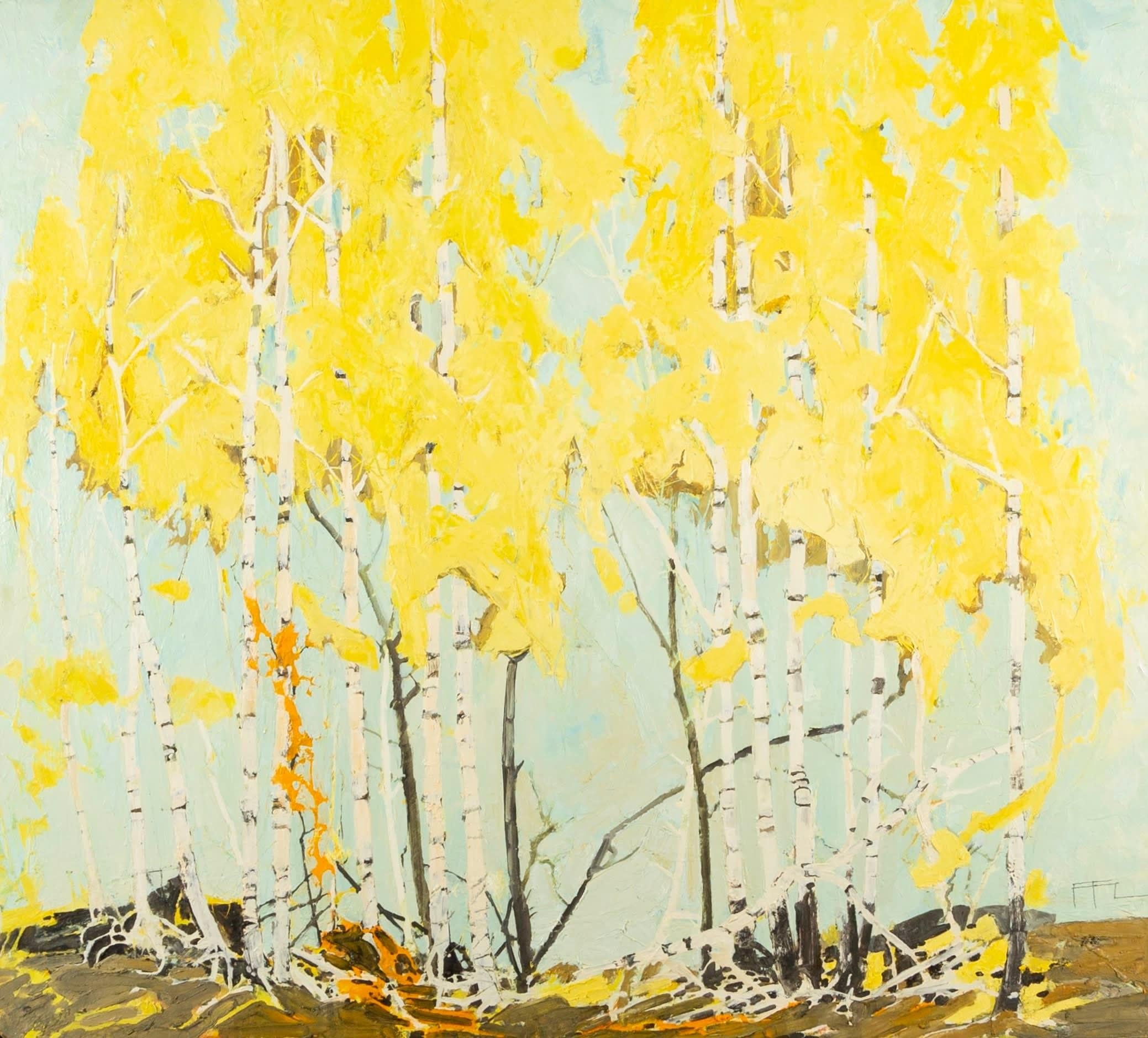 Ramble Through Golden Birch, peinture à l'huile sur panneau de Ffiona Lewis, 2019 - Art de Unknown