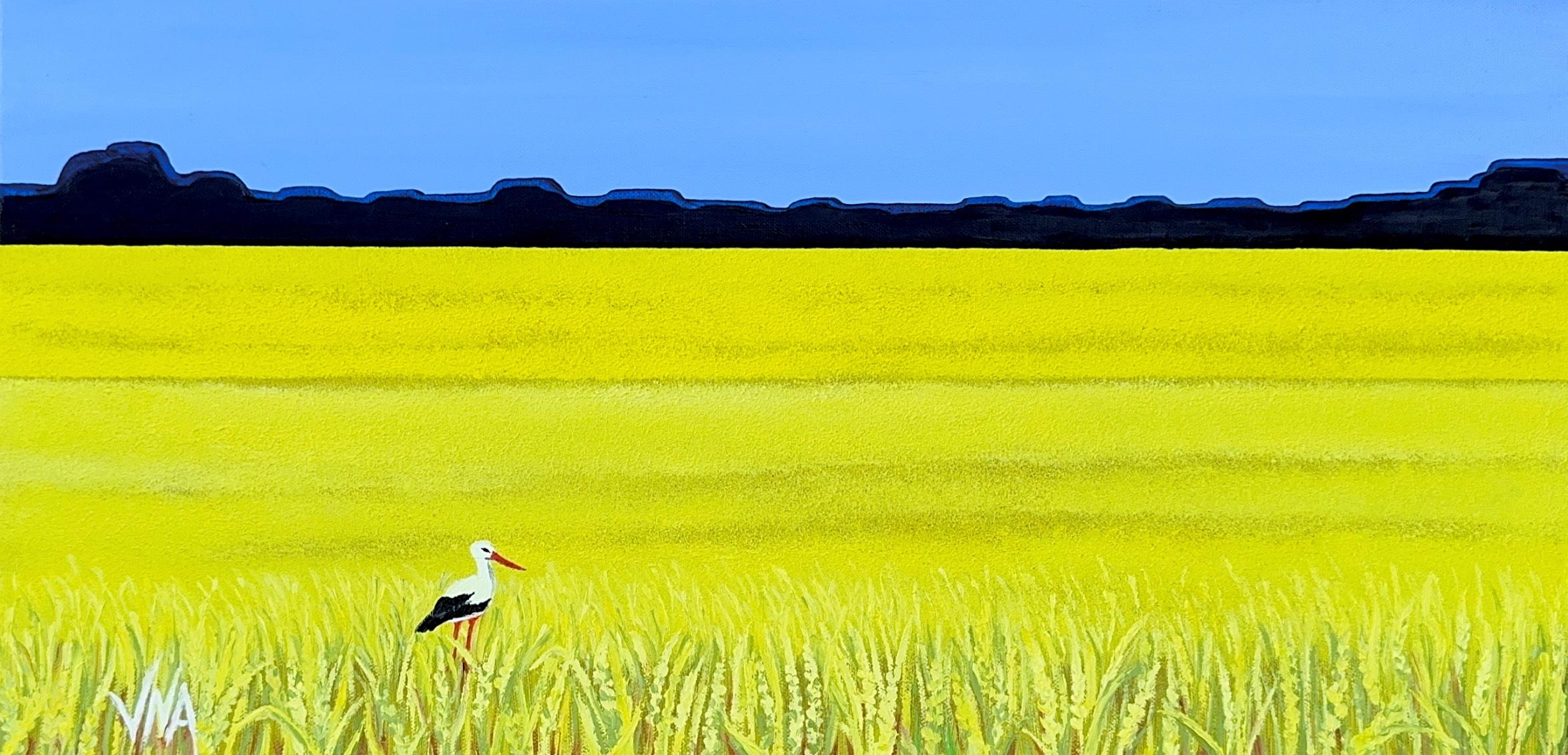 Rapeseed field and stork, Ukraine  by Vokiana - Painting by Unknown