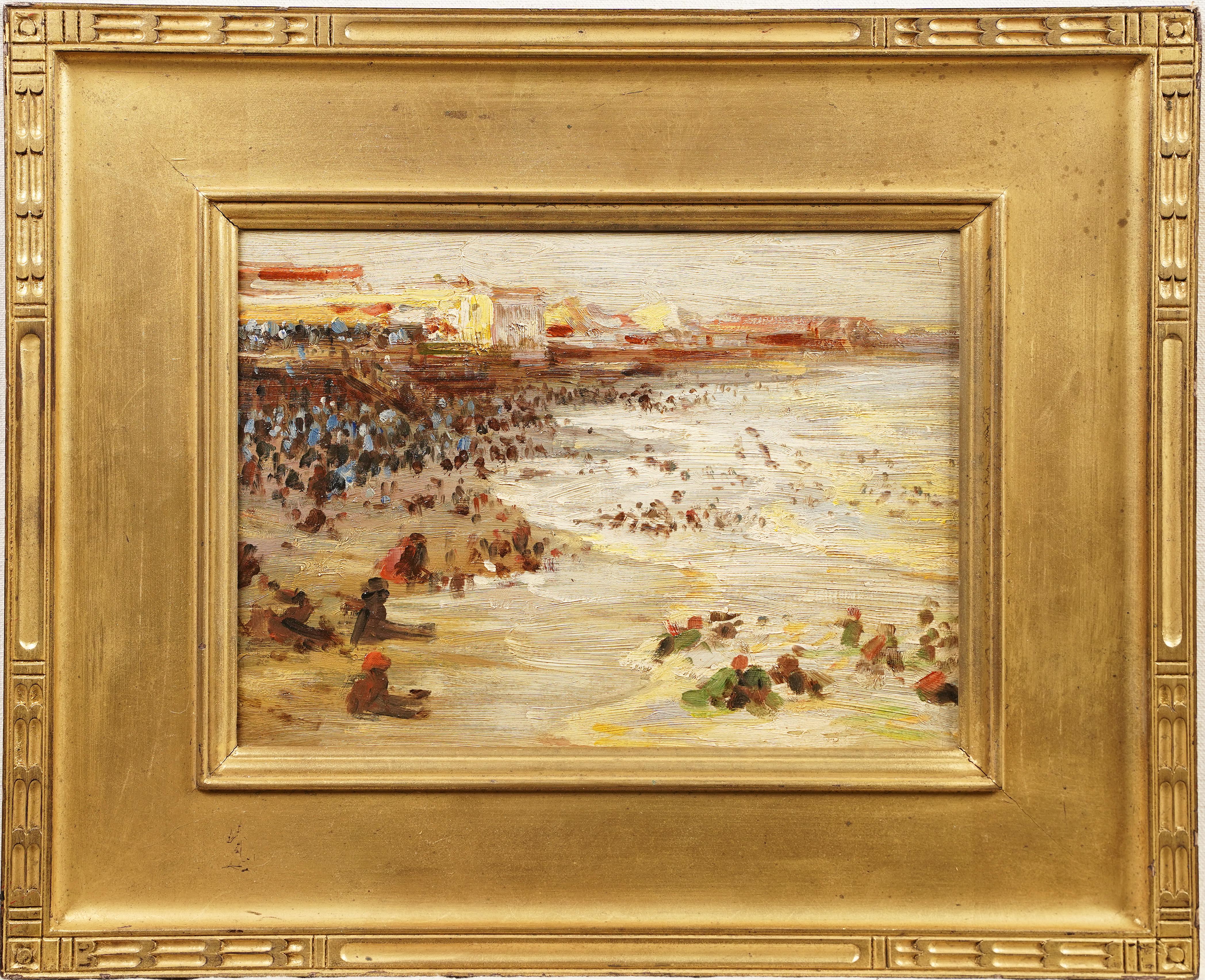  Rare Antique American School Bustling New York Beach Scene Framed Oil Painting - Brown Landscape Painting by Unknown