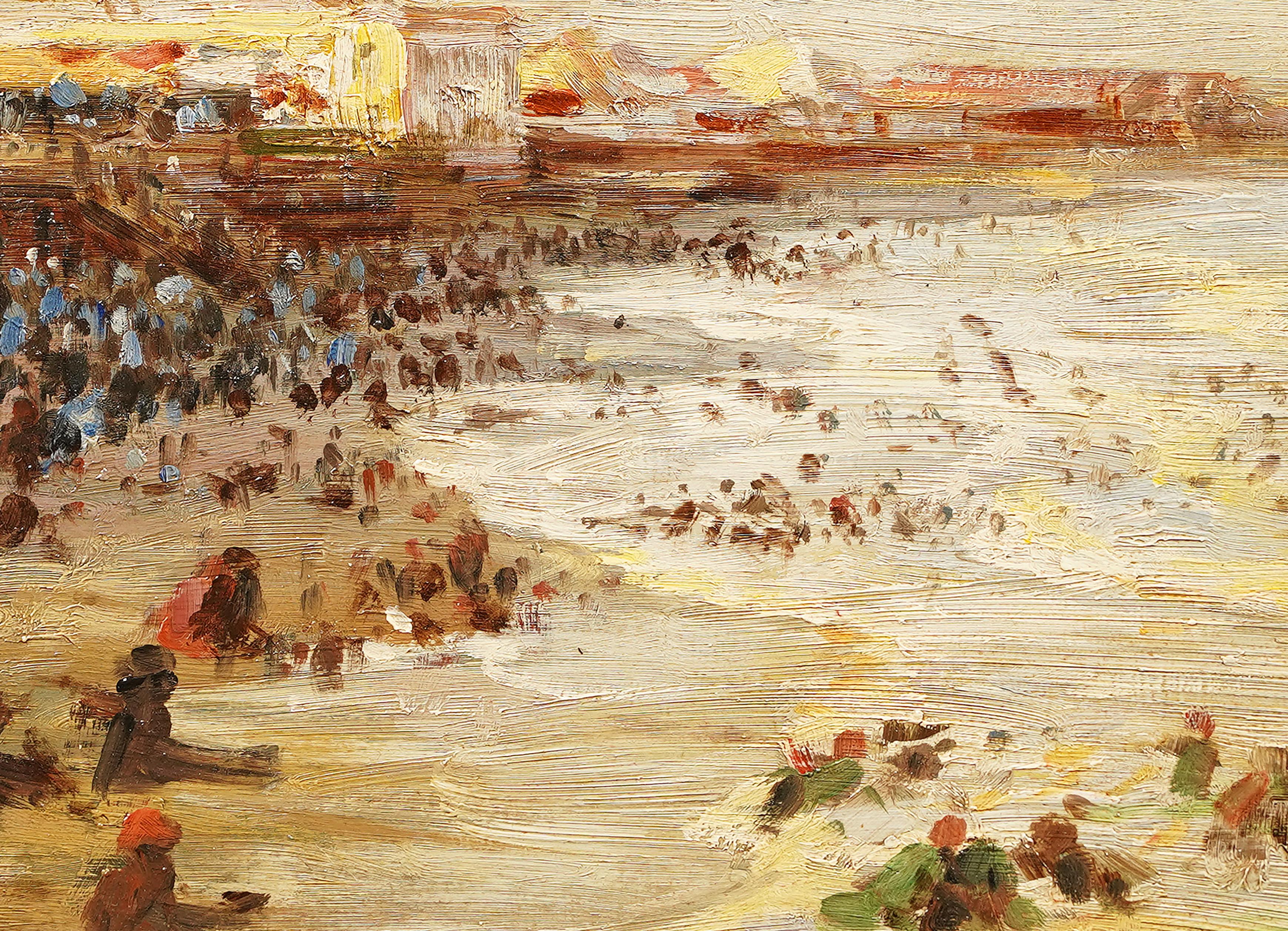 Scène de plage impressionniste américaine ancienne  peinture à l'huile.  Huile sur planche.  Aucune signature n'a été trouvée.  Encadré.  Taille de l'image, 12L x 9H.