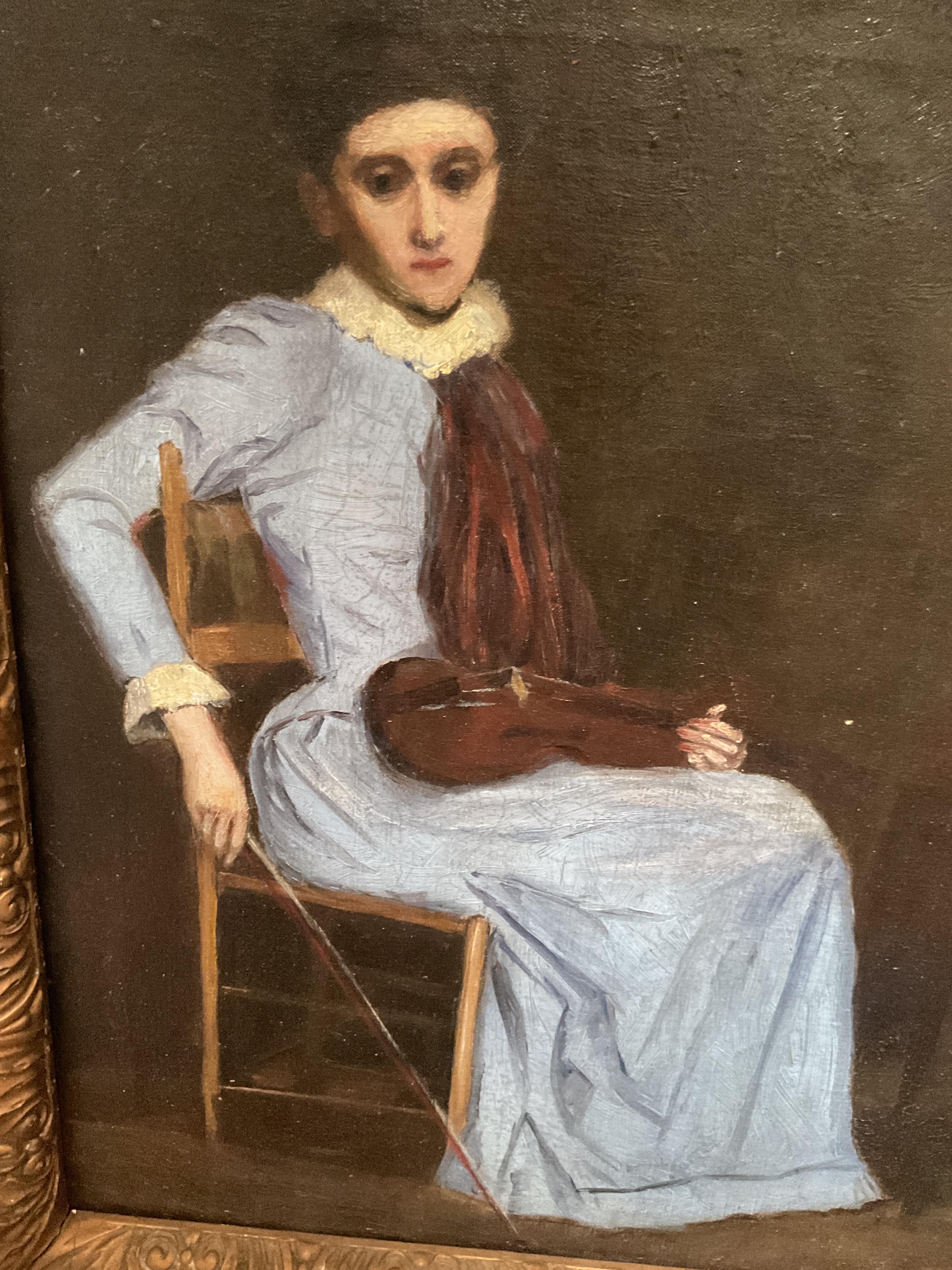 Although unsigned, this is a very well executed portrait of a violin player seated in a hushed setting. It is surely Boston School in style and dating to the very end of the 19th century. The woman, portrayed in a somewhat melancholy manner, rests