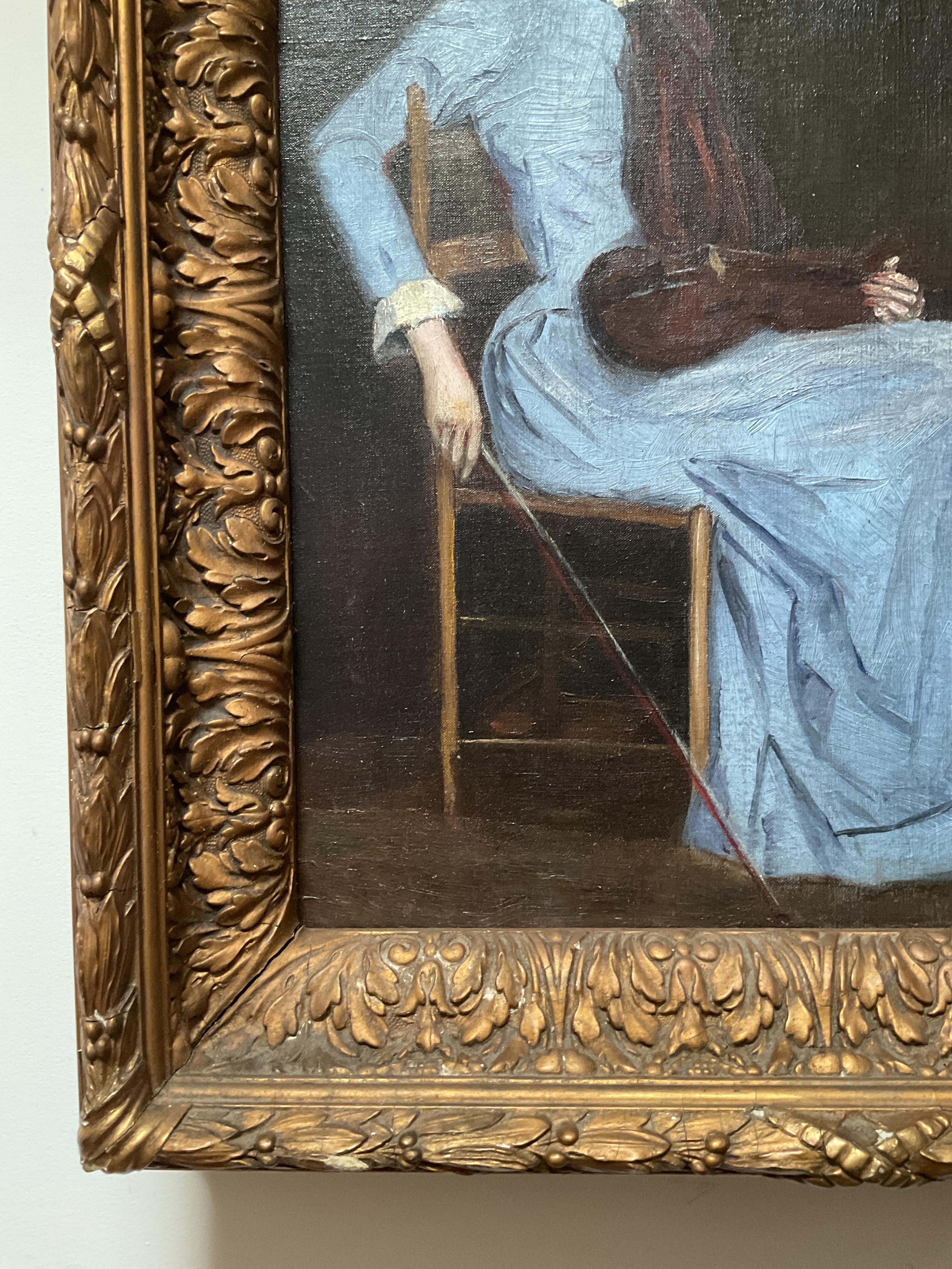 Bien que non signé, il s'agit d'un portrait très bien exécuté d'un violoniste assis dans un cadre feutré. Il s'agit certainement d'un bâtiment de l'école de Boston datant de la toute fin du XIXe siècle. La femme, représentée de manière quelque peu