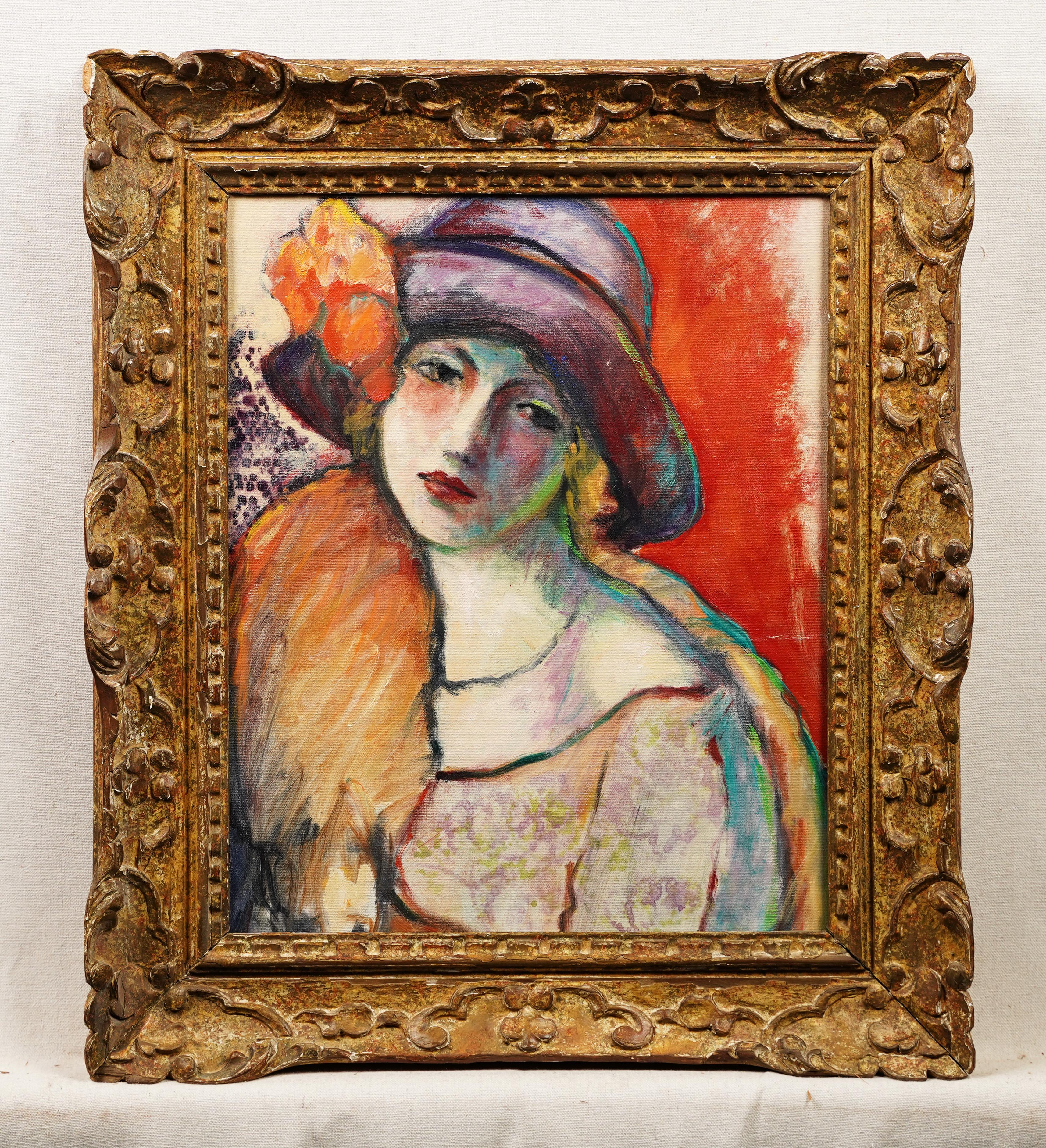 Antique American modernist portrait oil painting.  Oil on canvas, lain to board.  Framed. Very finely painted and a rare fauvist palette.  No signature found.  