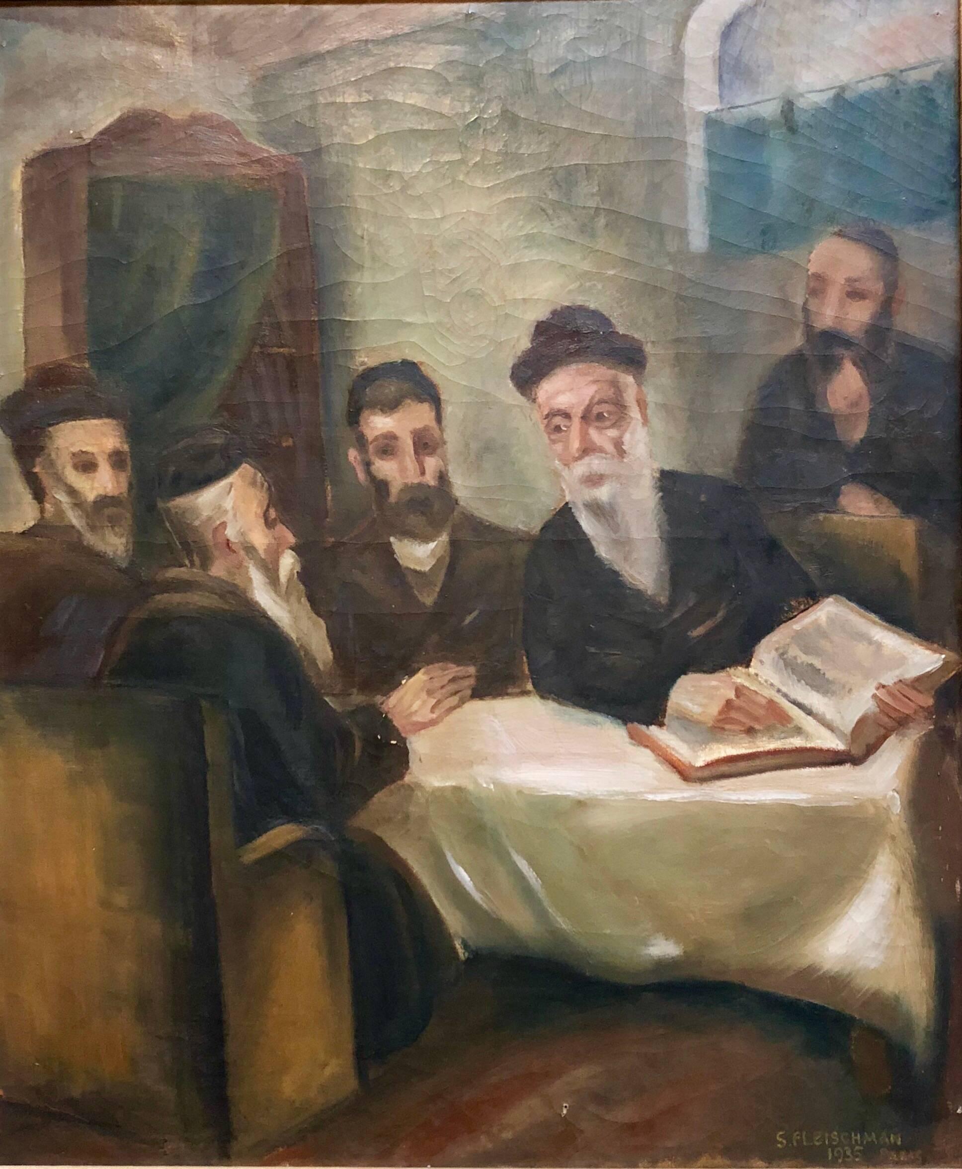 Rare tableau français, Paris 1935, peinture à l'huile judaïque représentant des lapins étudiant S. Fleischman - Painting de Unknown