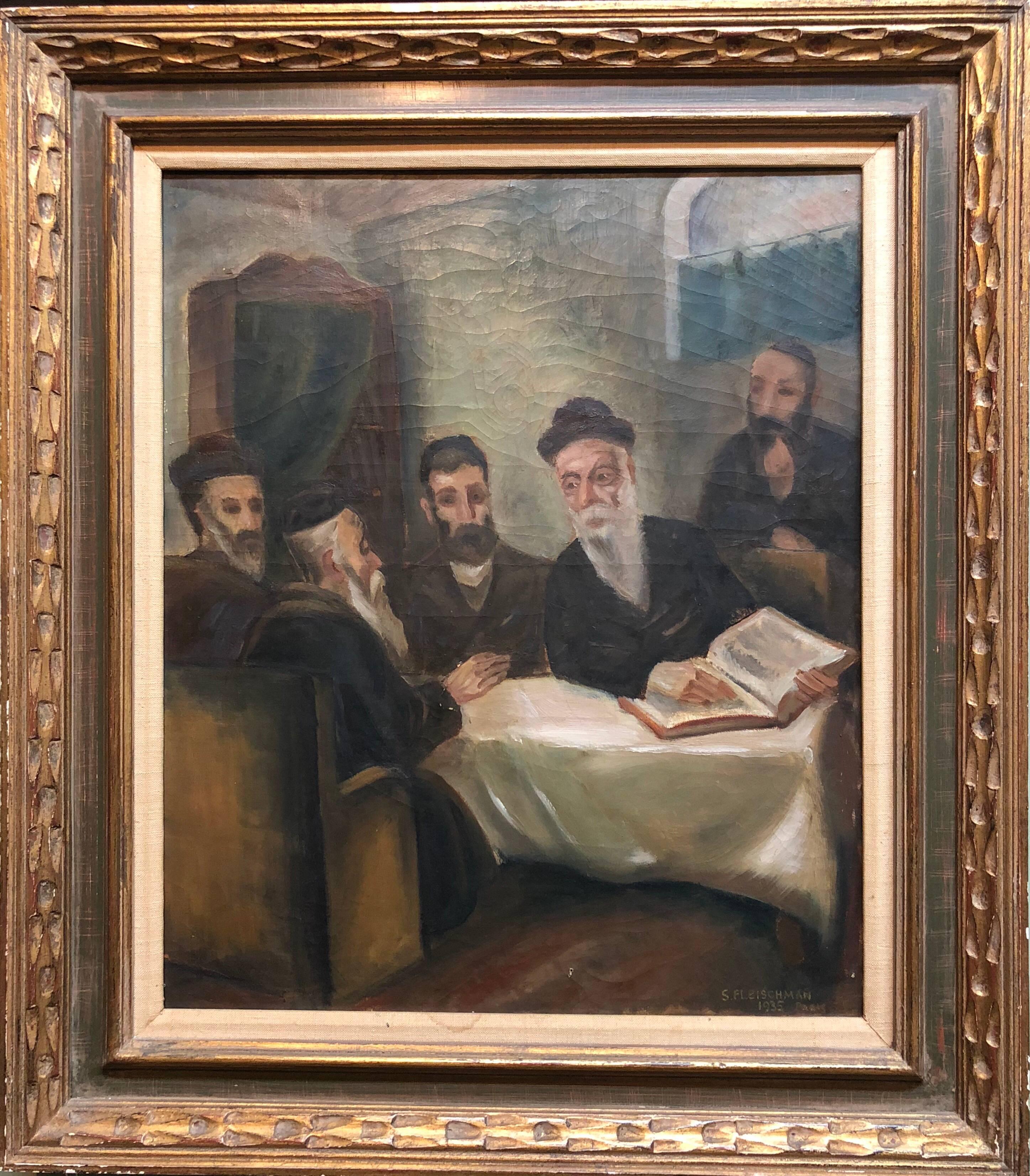 Unknown Figurative Painting - Rare French, Paris 1935 Judaica Oil Painting Rabbis Studying S. Fleischman