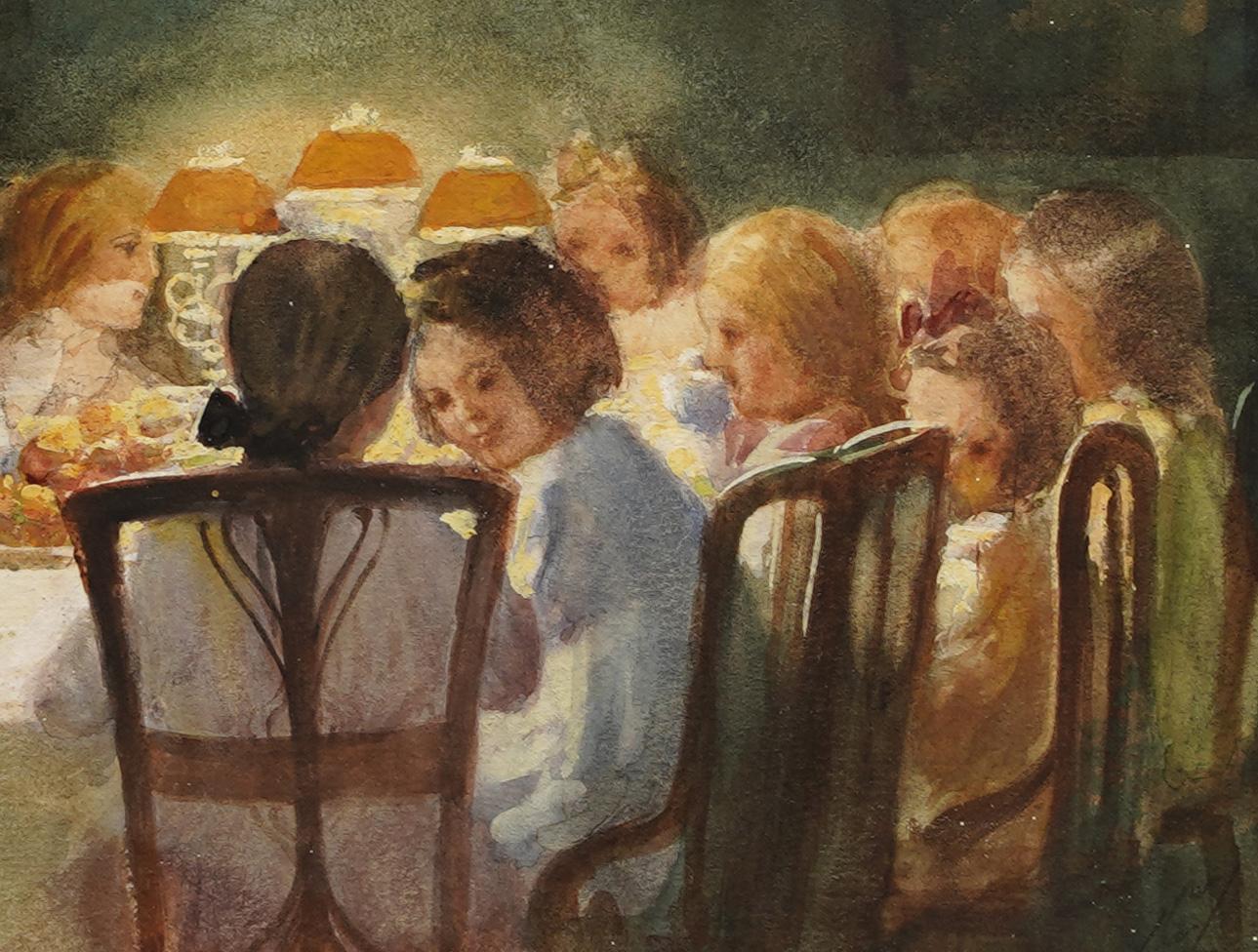 Rare Historical Children's Evening Dinner Party Signed Impressionist Painting  1