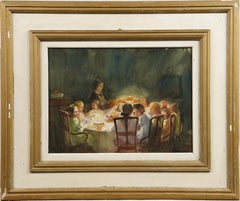 Peinture impressionniste rare de soirée pour enfants, signée
