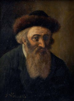 Rare Hungarian Judaica Hasidic Rabbi with Shtreimel Pre War Oil Painting