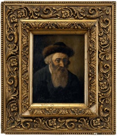 Rare Hungarian Judaica Hasidic Rabbi with Shtreimel Pre War Oil Painting