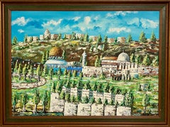 Raro cuadro al óleo de arte ingenuo israelí Jerusalén Israel Ciudad Vieja Paisaje Arte popular
