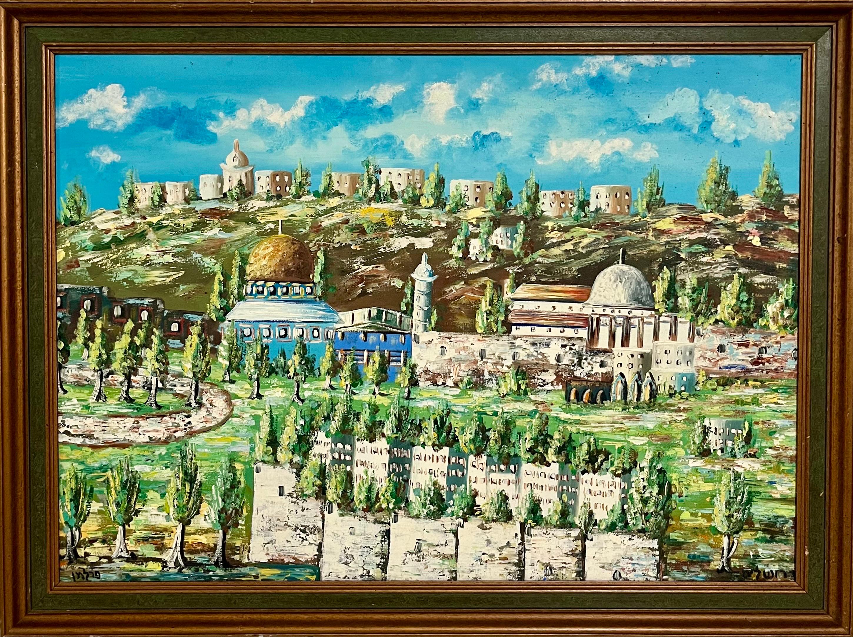 Rara pittura ad olio di arte naif israeliana Jerusalem Israel Città Vecchia Paesaggio Arte Popolare