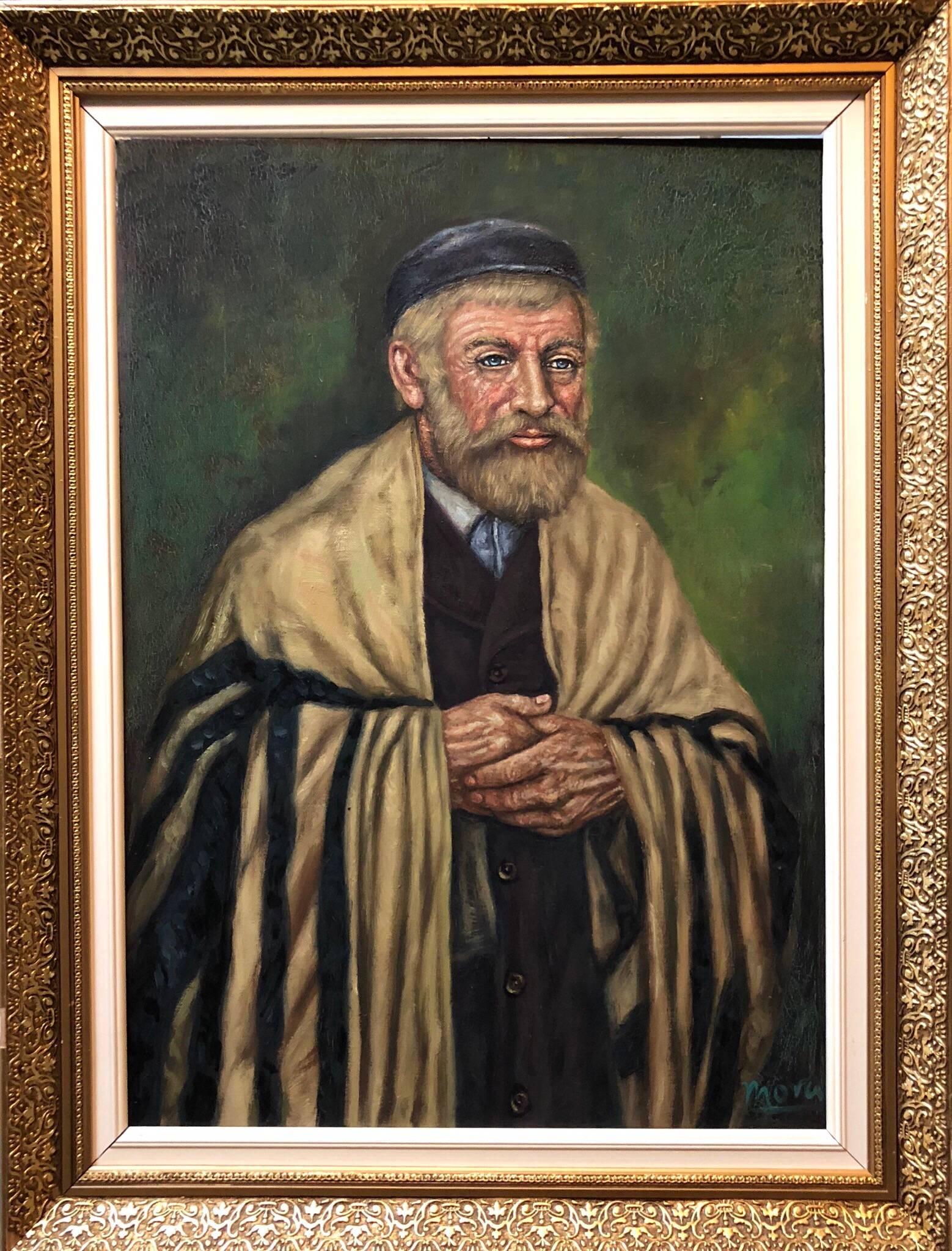 a mid century Judaica painting of a Rabbi wearing a Tallit prayer shawl. In the Modernist manner of Maurice Kish, Tully filmus or William Gropper. It is signed Mora.