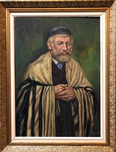 Rare Modernist Judaica Scholar Rabbi in Synagogue Oil Painting Signed Mora