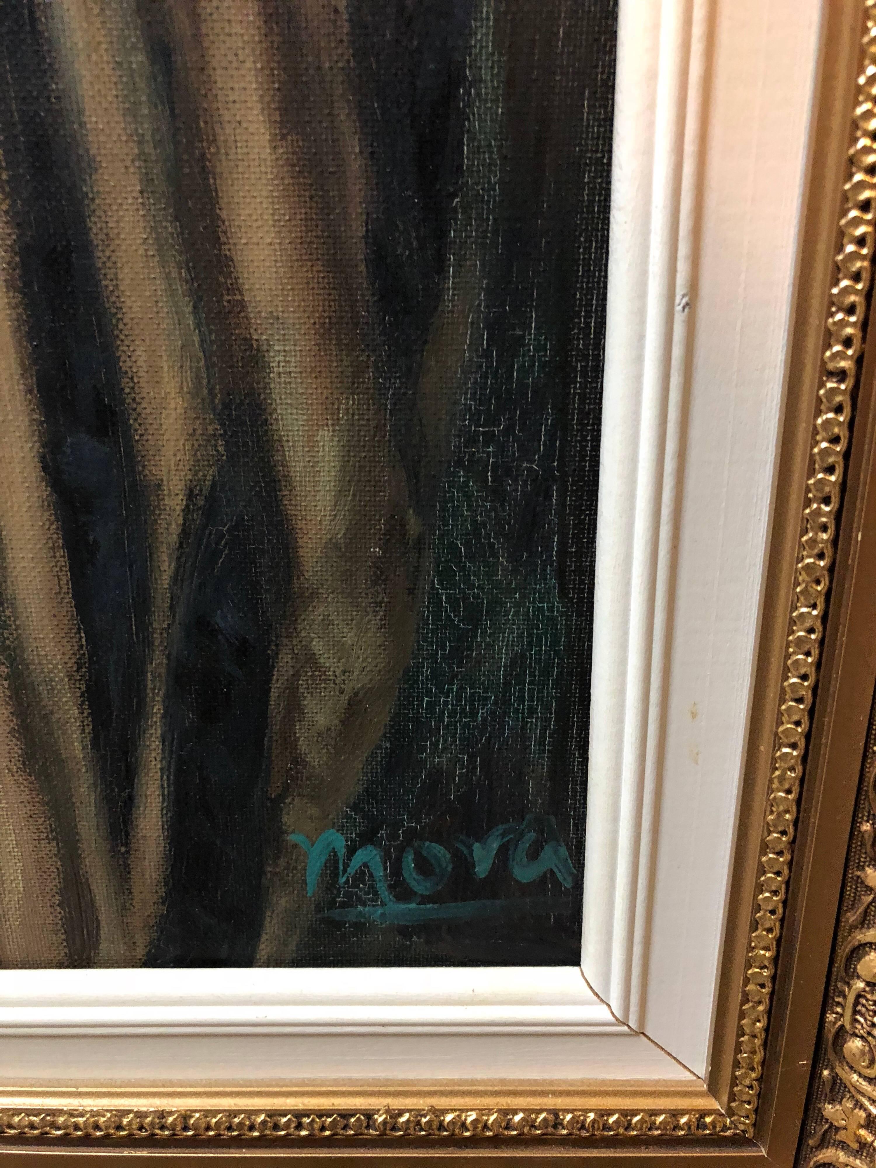 Rare peinture à l'huile moderniste d'un érudit judaïque représentant un lapin dans un Synagogue, signée Mora - Artisanat Painting par Unknown