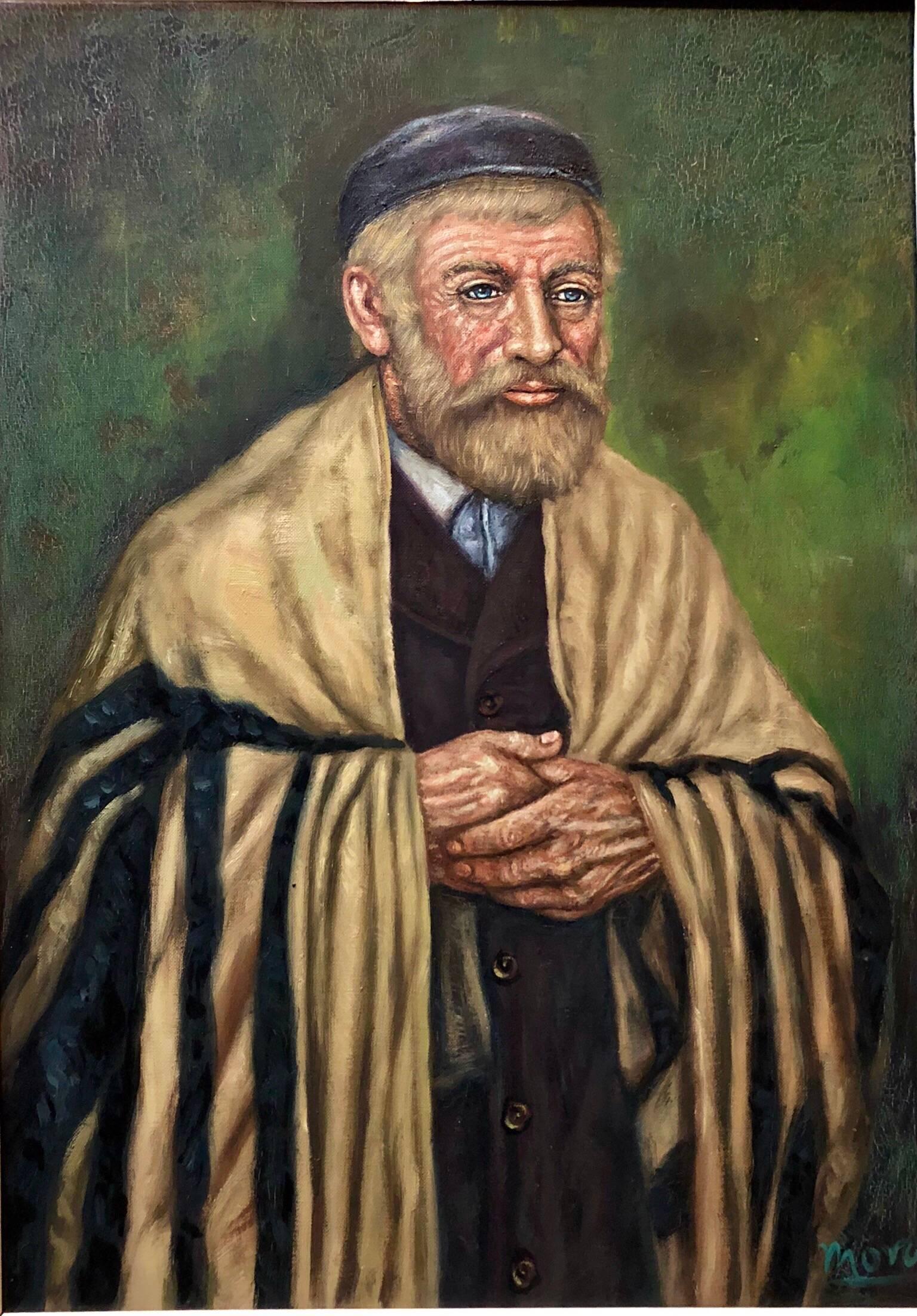 Portrait Painting Unknown - Rare peinture à l'huile moderniste d'un érudit judaïque représentant un lapin dans un Synagogue, signée Mora