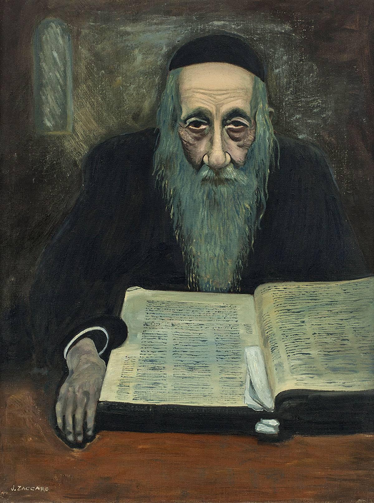 a moody atmospheric Judaica painting of a Rabbi studying Jewish texts.