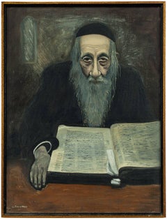 Vintage Rare Modernist Judaica Scholar Rabbi Studying Oil Painting