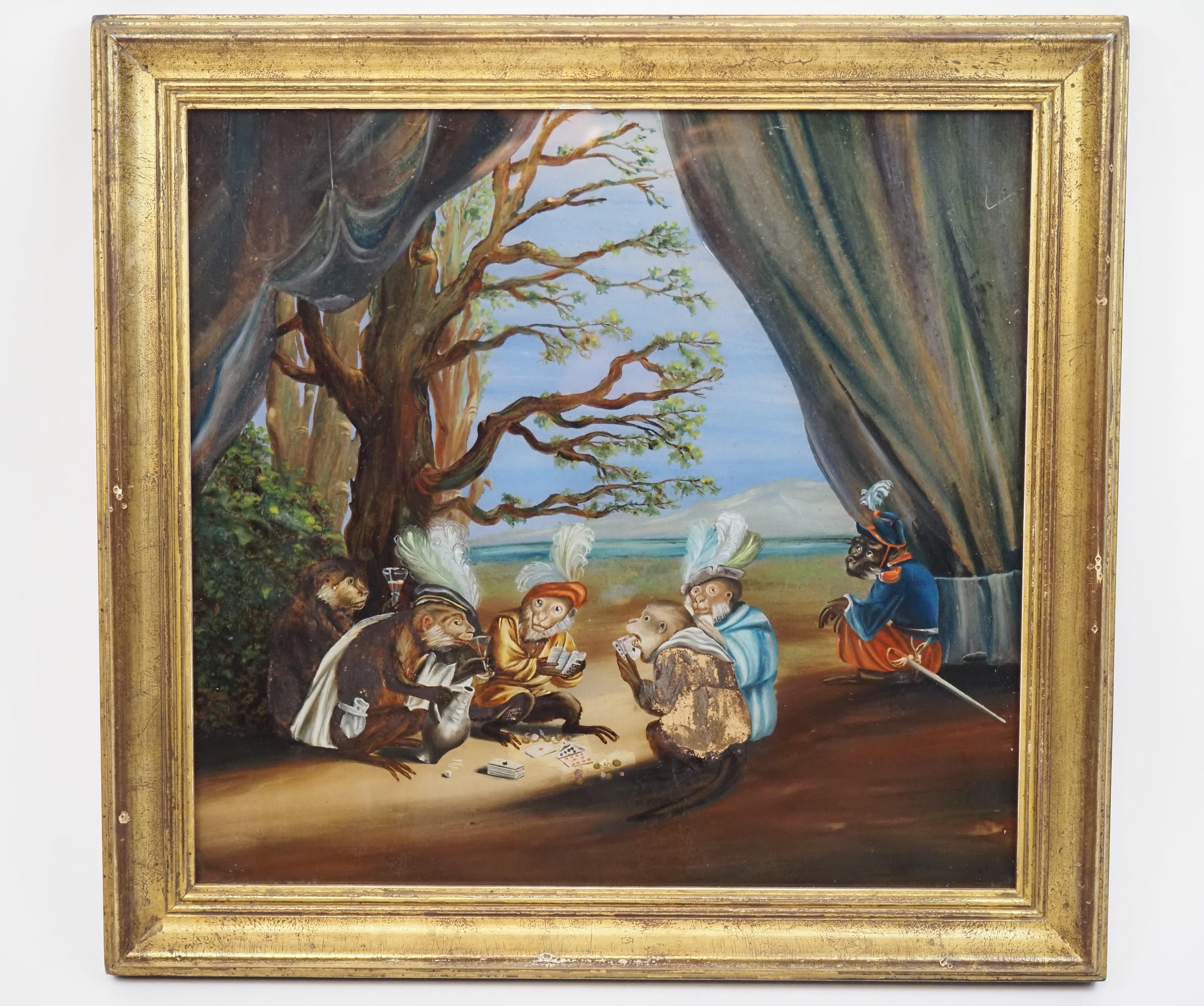 Raro dipinto su vetro al contrario, Singerie, Scimmie che giocano a carte e bevono - Painting di Unknown