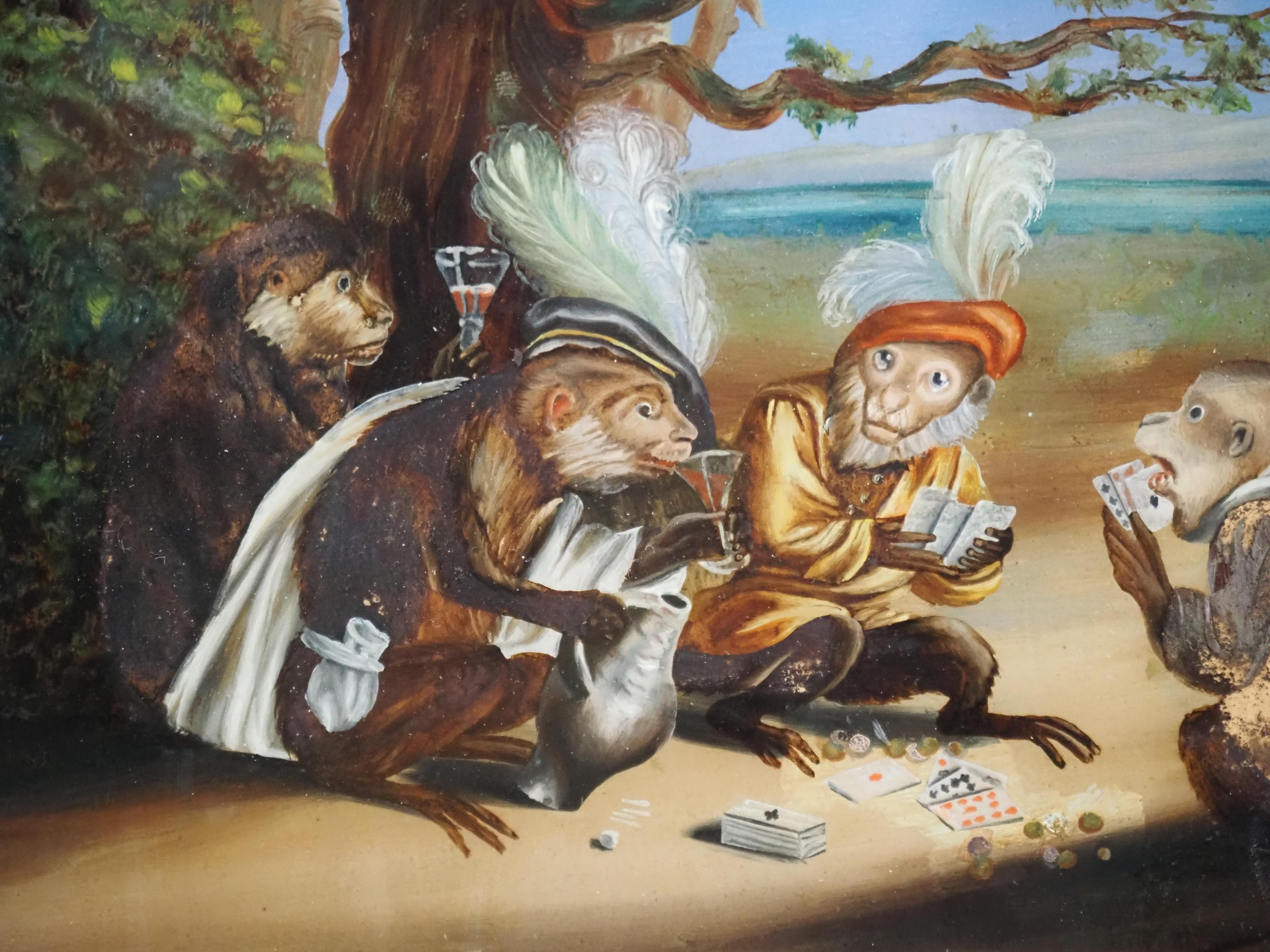 Seltenes rückseitiges Glasgemälde, Singerie, Affen beim Spielen mit Karten und Trinken 3