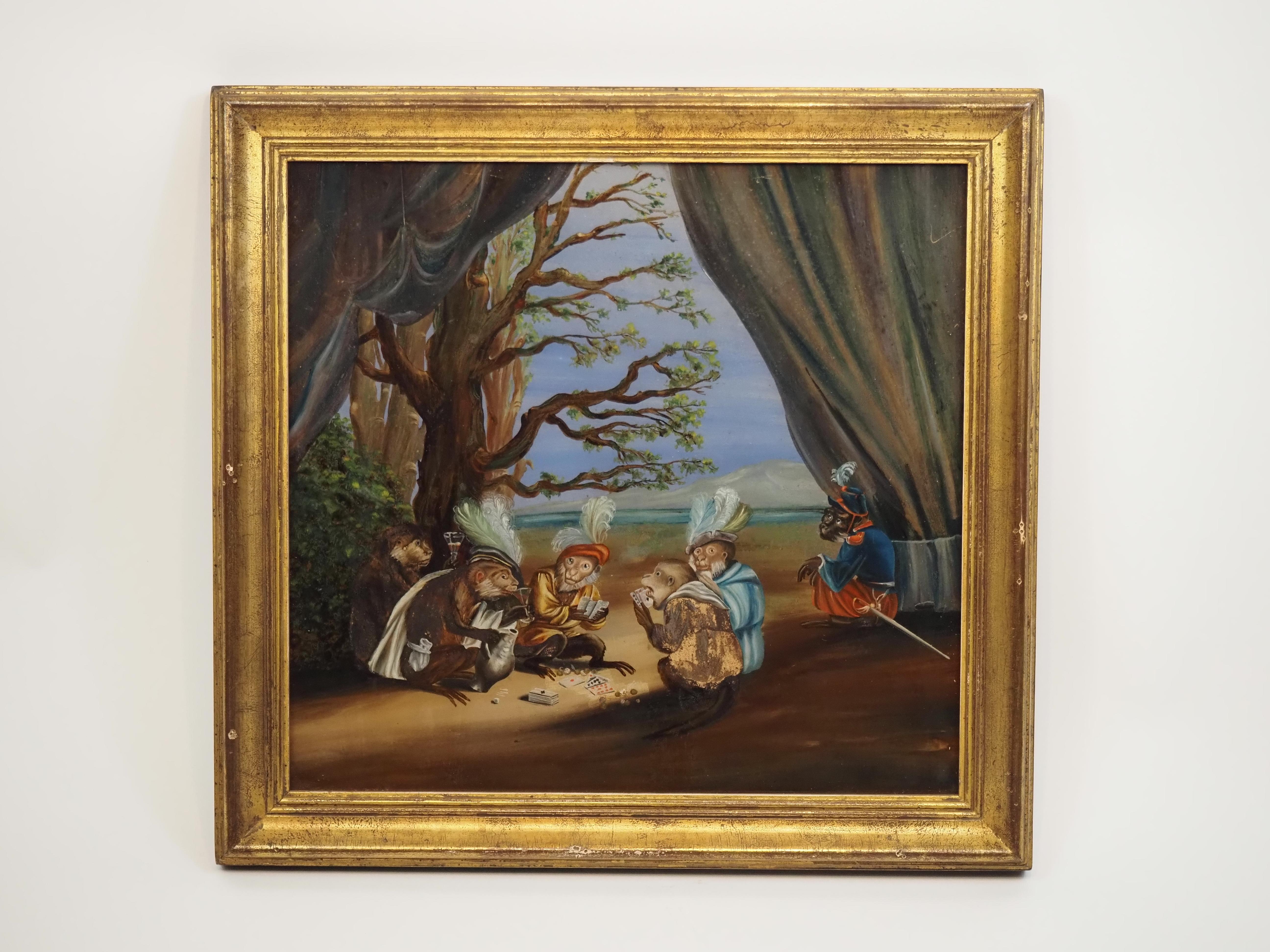 Animal Painting di Unknown - Raro dipinto su vetro al contrario, Singerie, Scimmie che giocano a carte e bevono