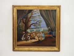 Rare reverse glass painting, Singerie, Monkeys playing cards and drinking