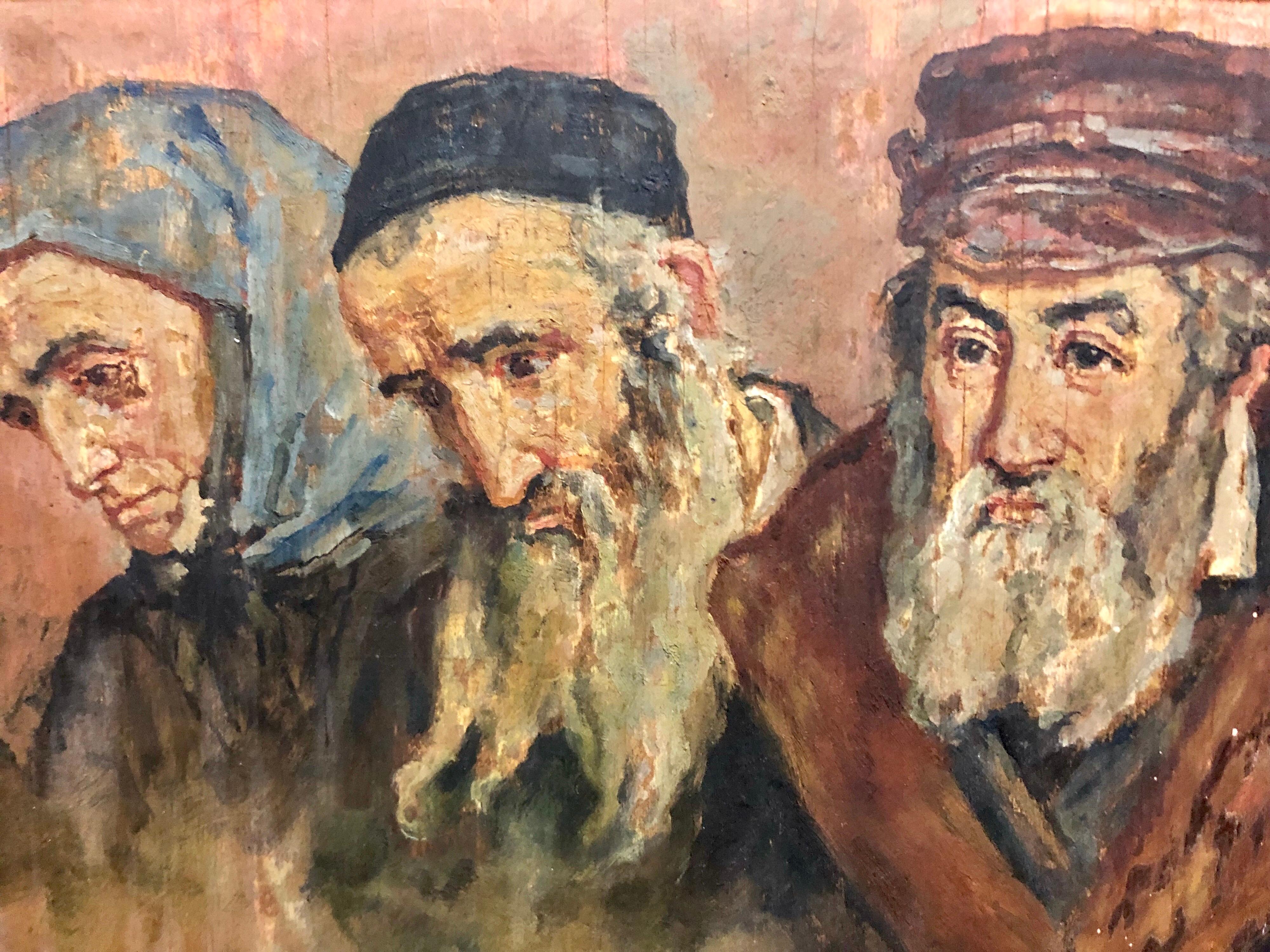 Rare peinture à l'huile judaïque russe représentant les réfugiés juifs au soulèvement, signée en cyrillique - Painting de Unknown