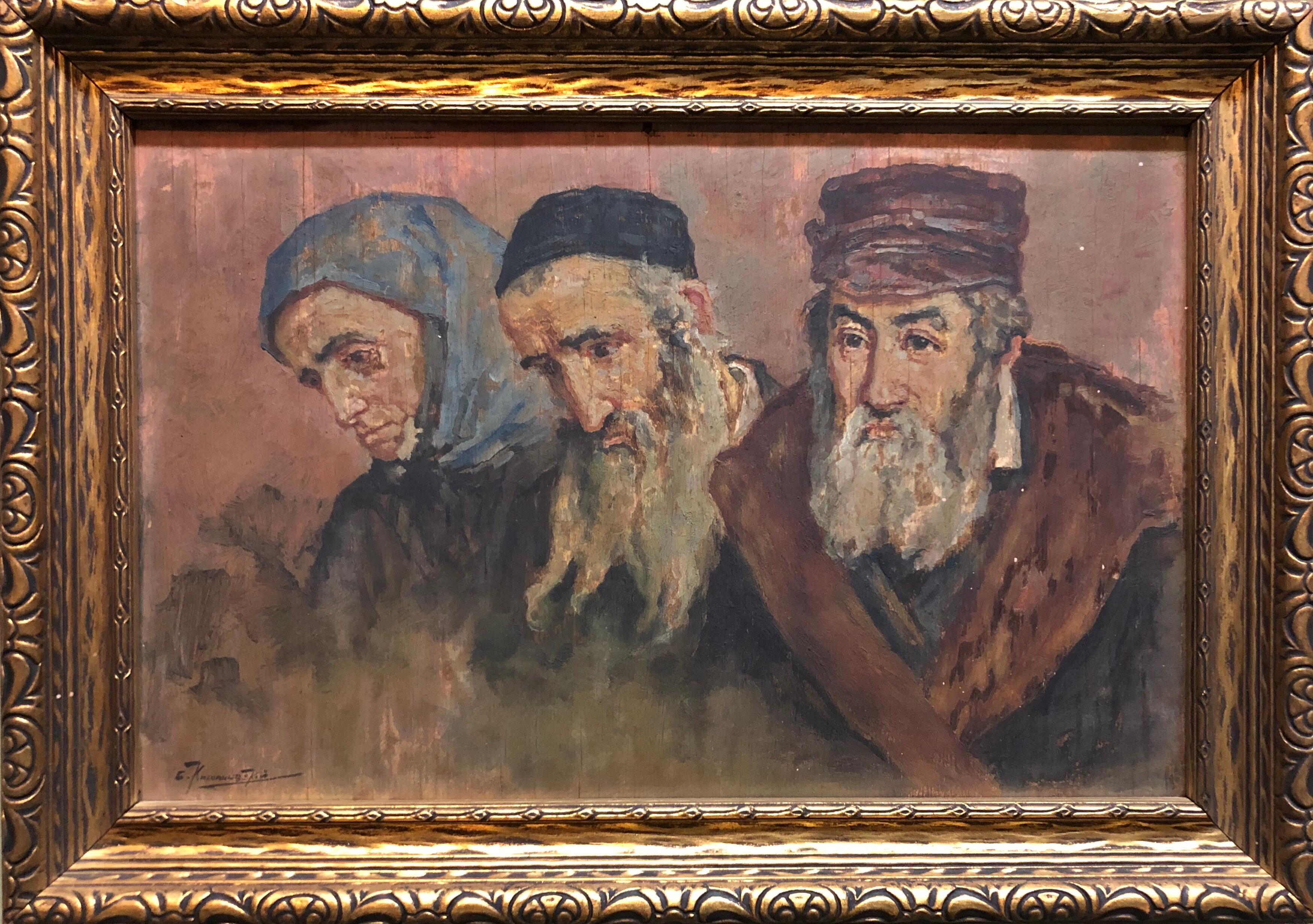 Rara pittura ad olio russa Judaica Rifugiati del Pogrom ebraico firmata in cirillico - Portrait Painting Marrone di Unknown