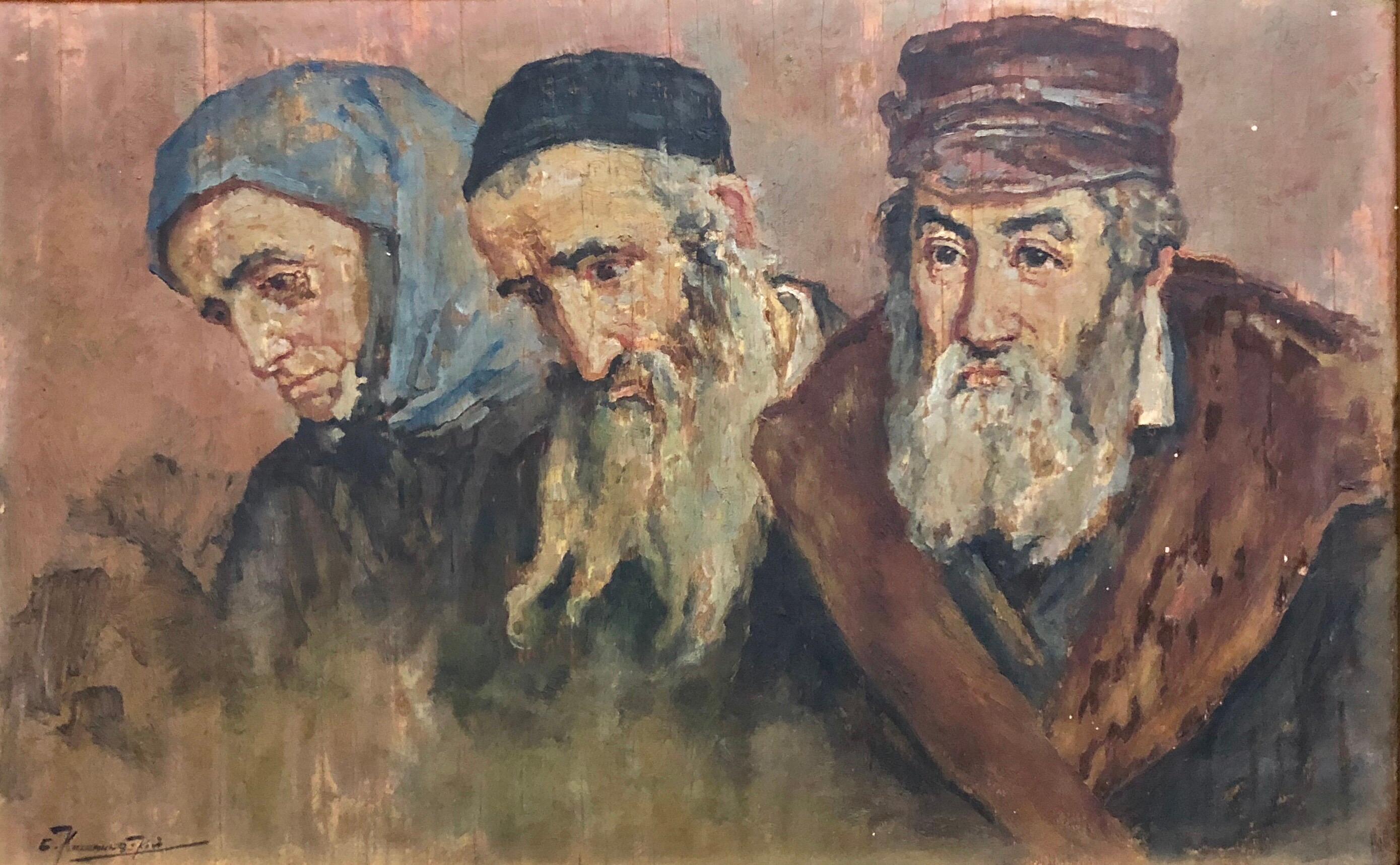 Rare Russian Judaica Oil Painting Jewish Pogrom Refugees Signed in Cyrillic - Brown Portrait Painting by Unknown