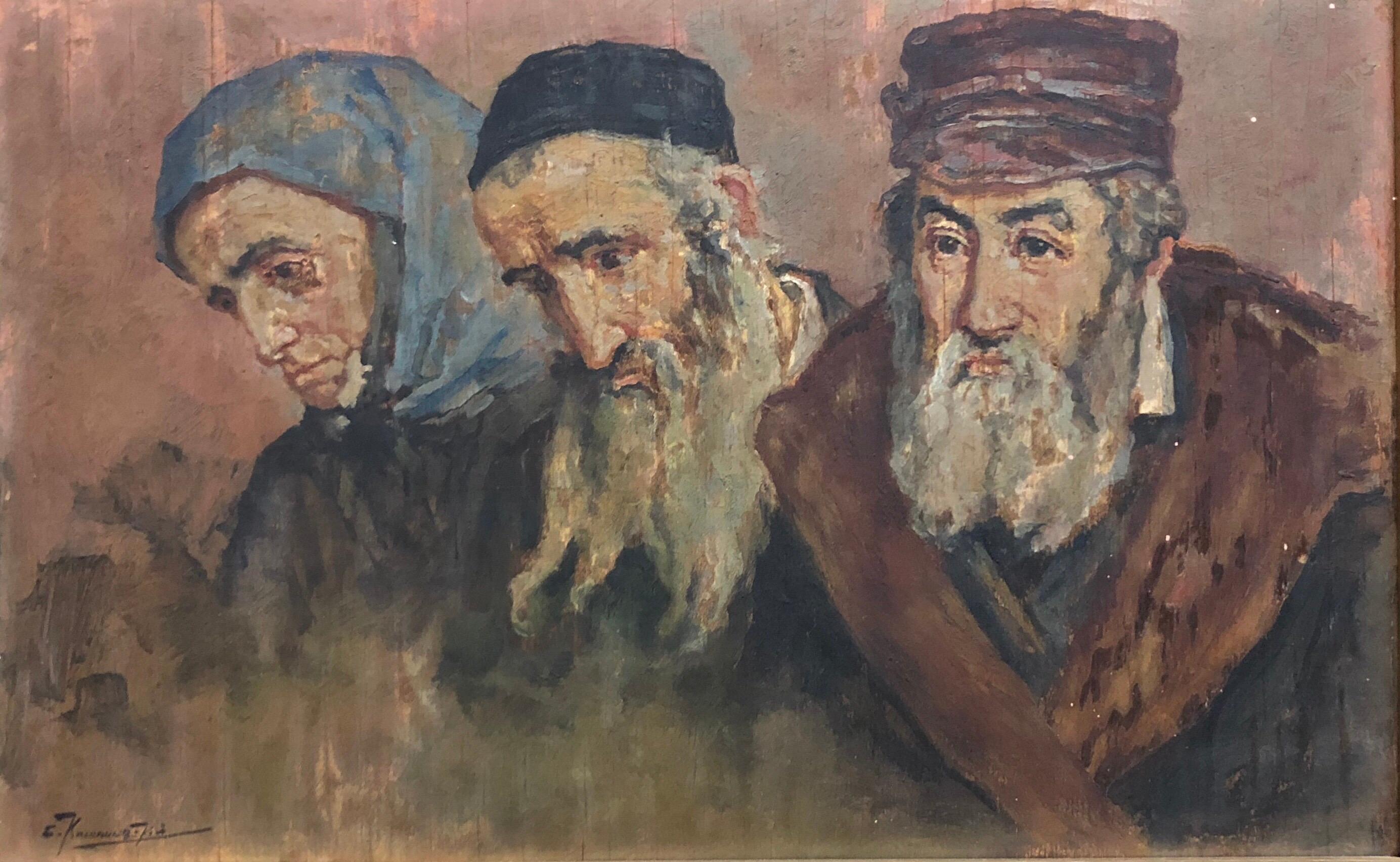 Rara pittura ad olio russa Judaica Rifugiati del Pogrom ebraico firmata in cirillico 1