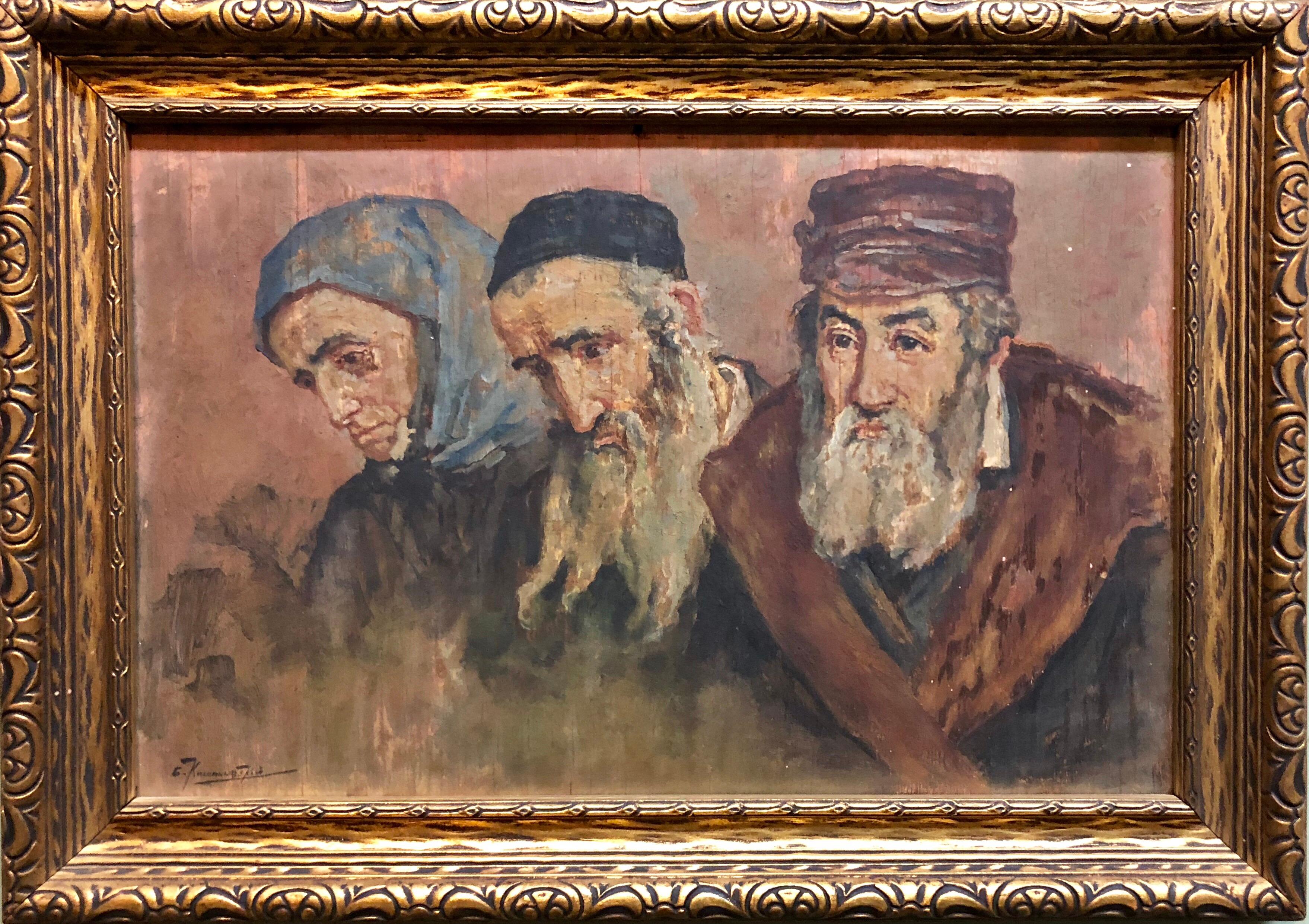 Portrait Painting Unknown - Rare peinture à l'huile judaïque russe représentant les réfugiés juifs au soulèvement, signée en cyrillique
