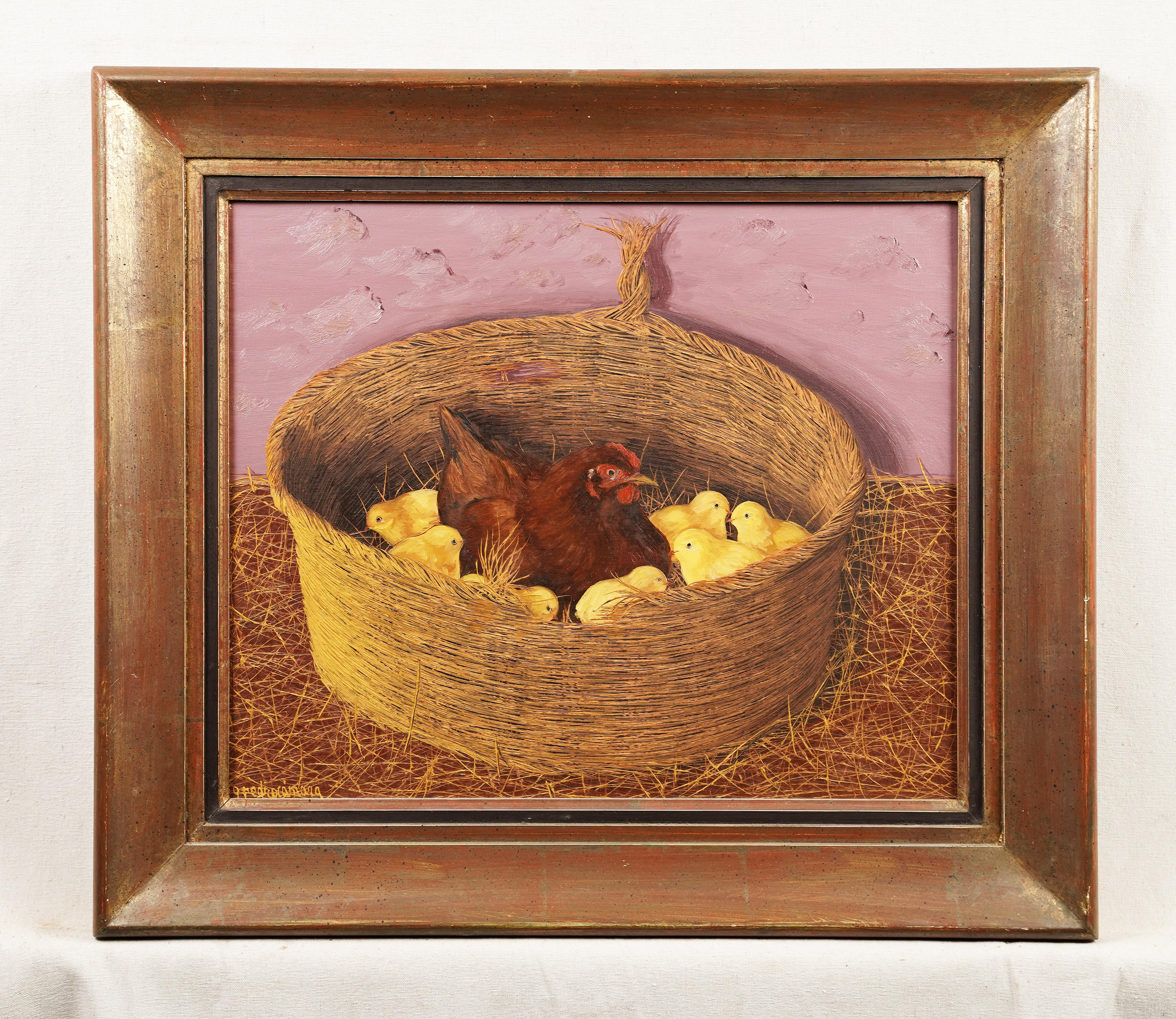 Rare Signed American School Folk Art Outsider Chicken and Chicks Oil Painting - Brown Abstract Painting by Unknown