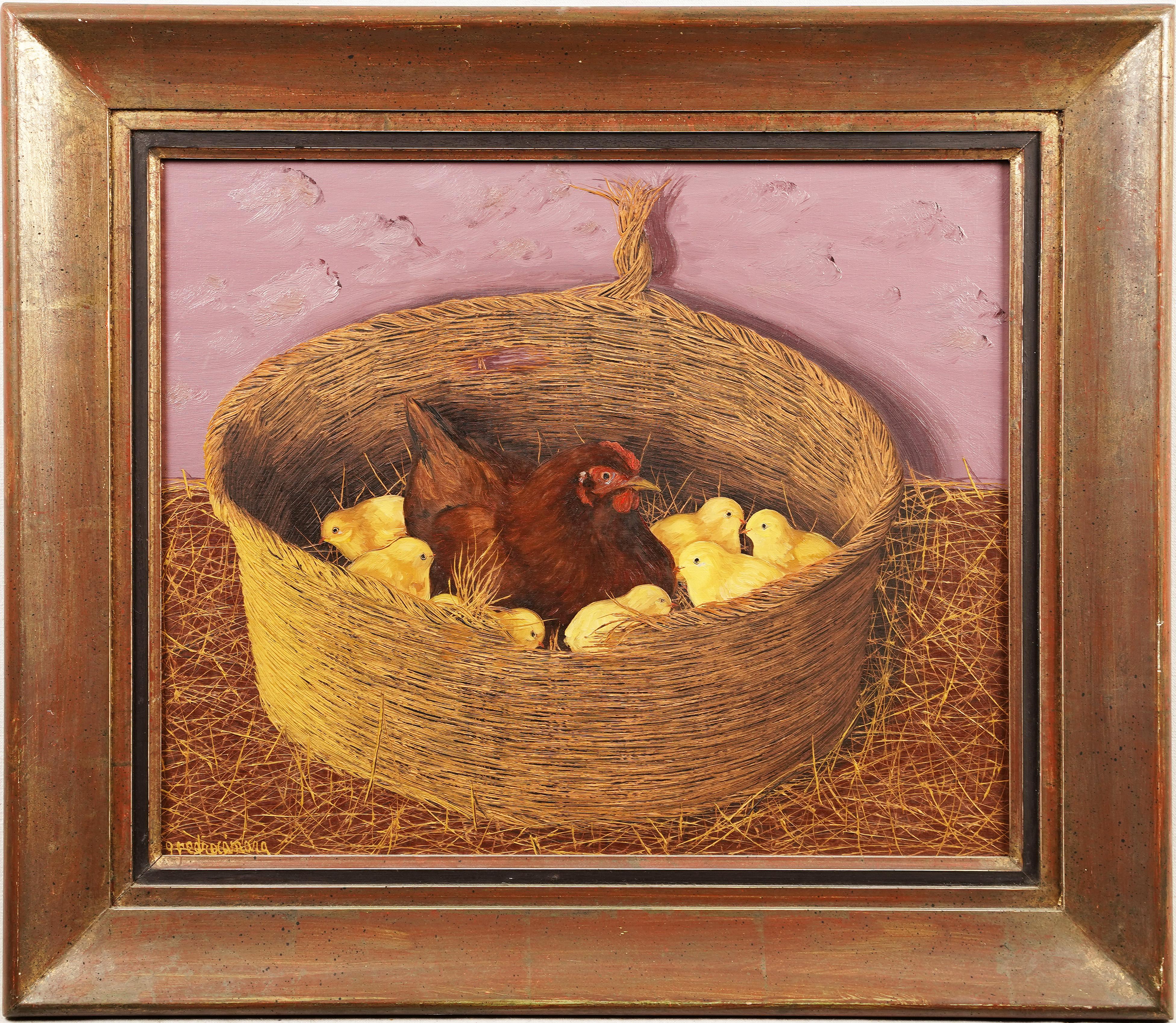 Unknown Abstract Painting - Rare Signed American School Folk Art Outsider Chicken and Chicks Oil Painting