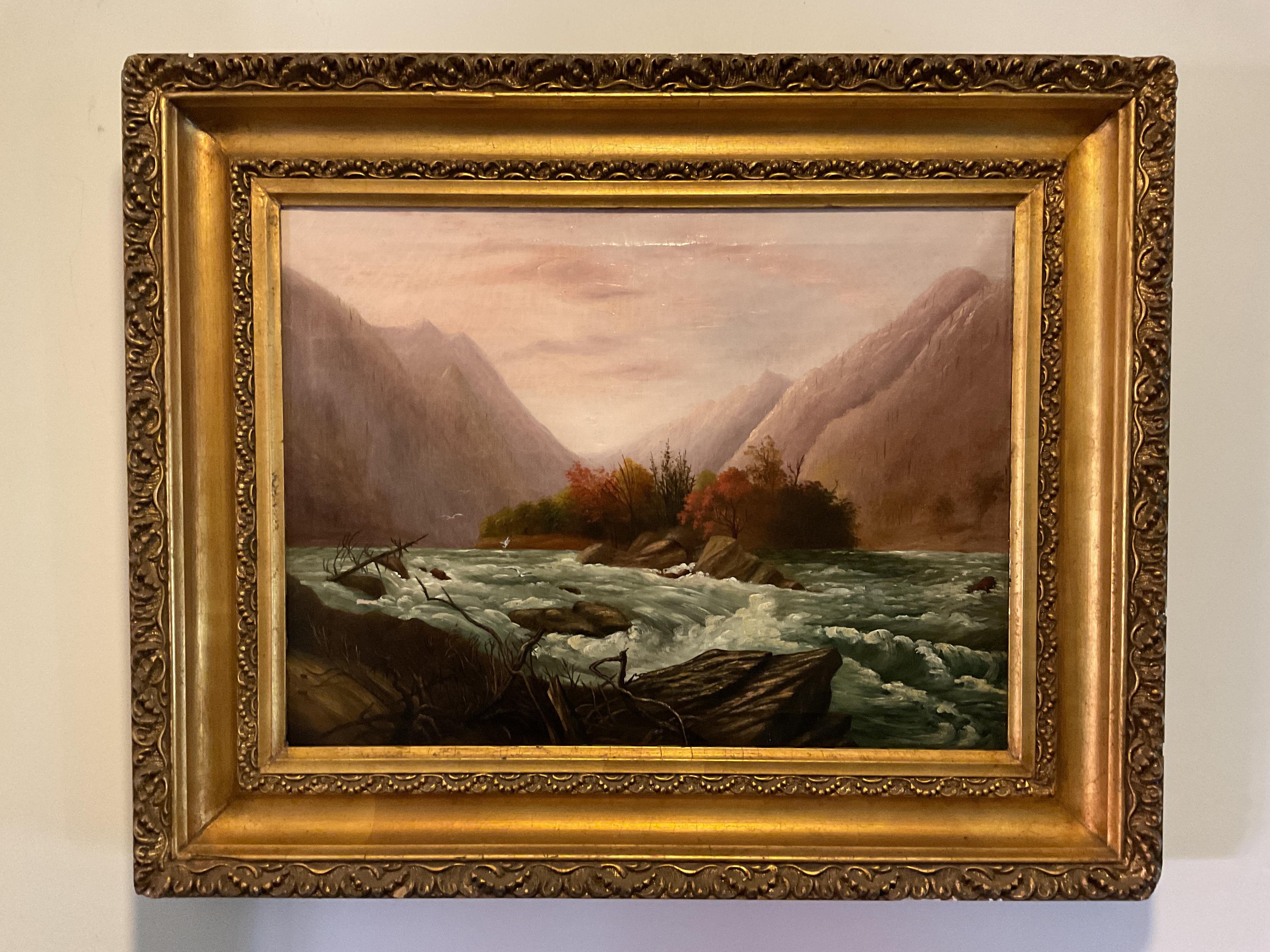 Landscape Painting Unknown - Rare peinture sudiste de la rivière French Broad, Caroline du Nord, vers 1890
