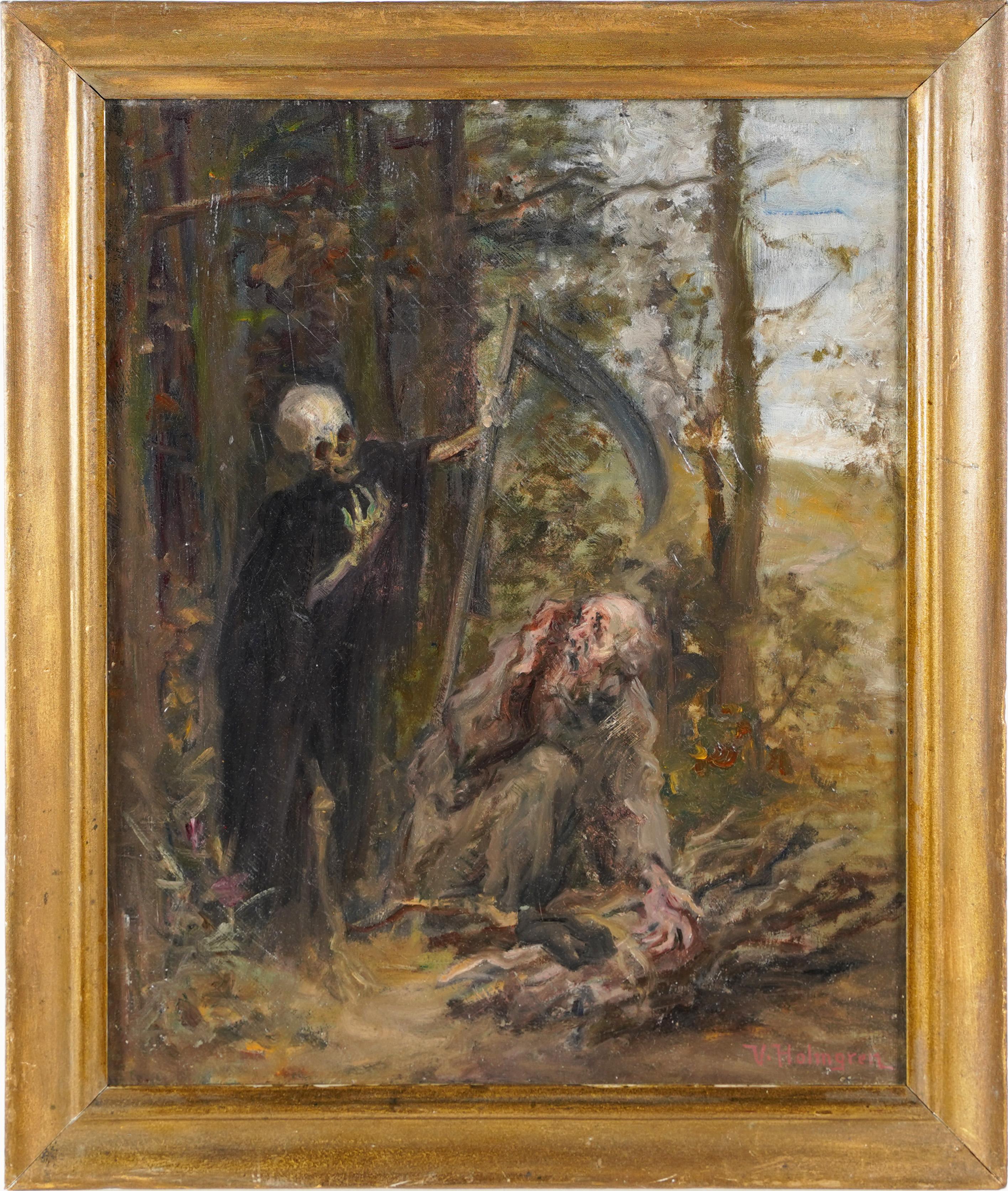 Unknown Landscape Painting - Rare Surreal Grim Reaper Skull Portrait Signed Landscape Oil Painting