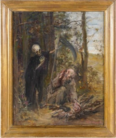 Rare Surreal Grim Reaper Skull Portrait Signed Landscape Oil Painting