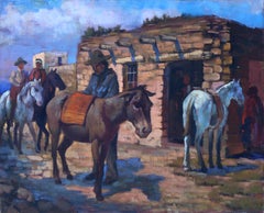 Prepara los caballos, Pintura al óleo sobre lienzo de arte del oeste americano por Jalal Gharbi