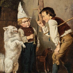 Realist German painter - 19th century figure painting - Children Trained dog
