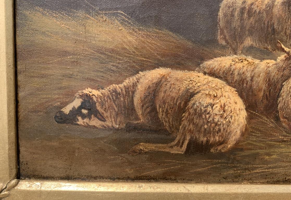 Italian painter (19th century) - Sheep in the stable.

26.5 x 47.5 cm without frame, 52 x 73 with frame.

Antique oil painting on canvas, in a contemporary carved and gilded wooden frame.

Condition report: Original canvas. Good state of